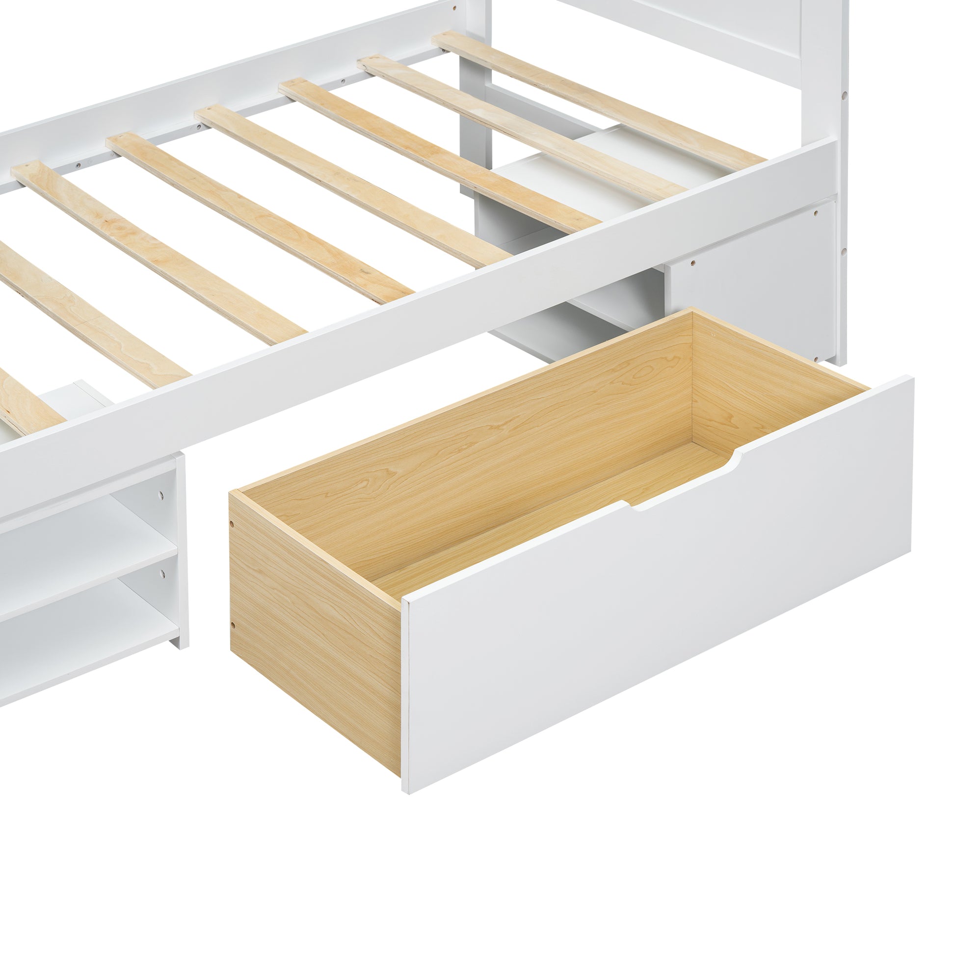 Twin Size Platform Bed With Drawer And Two Shelves, White Twin Antique White Mdf Lvl