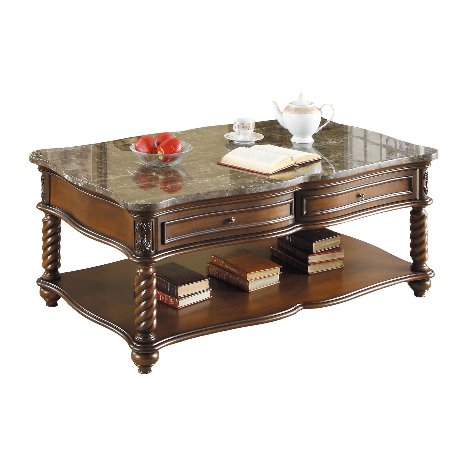 Traditional Formal Marble Top Cocktail Table With 2 Drawer Lower Shelf Mahogany Finish Spiral Turned Legs Wooden 1Pc Living Room Furniture Mahogany Primary Living Space Luxury,Traditional Drawers Rectangular Coffee & End Tables Wood