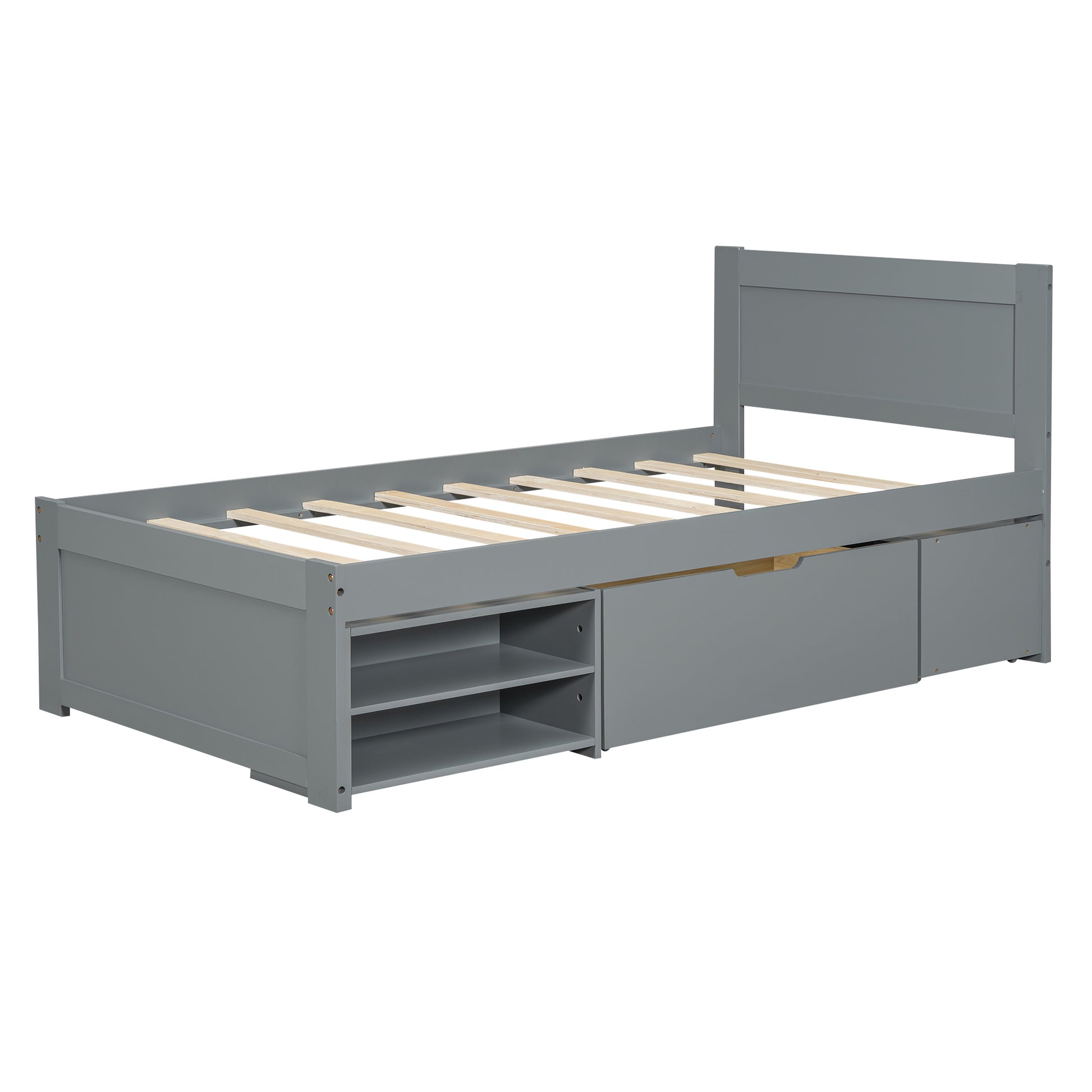 Twin Size Platform Bed With Drawer And Two Shelves, Gray Antique Gray Mdf Lvl