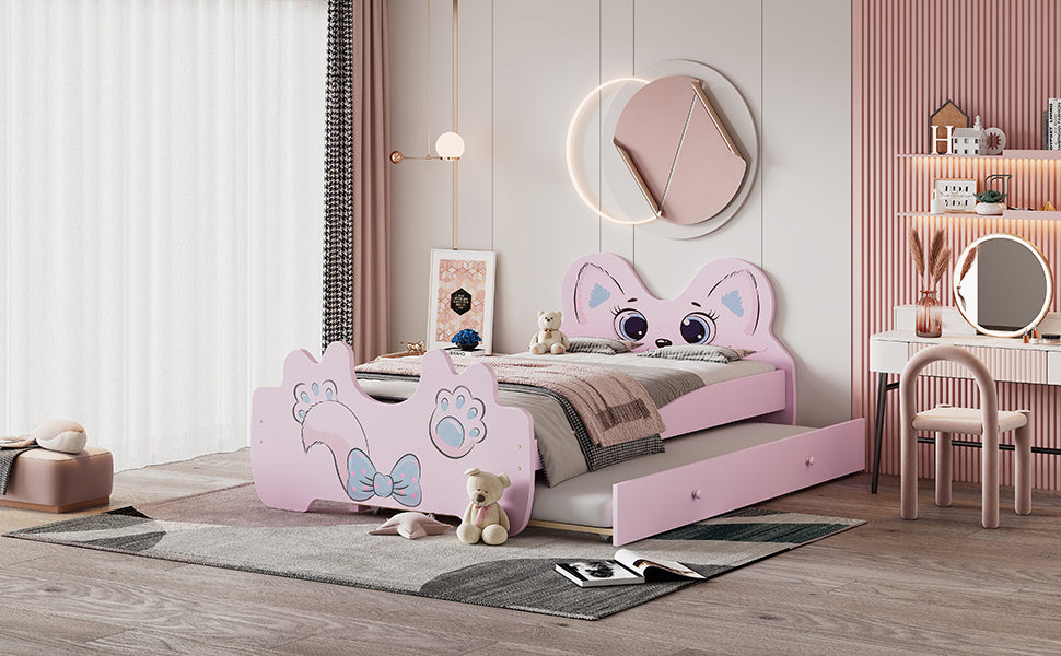 Cartoon Twin Size Platform Bed With Trundle, Pink Twin Pink Blue Mdf Lvl