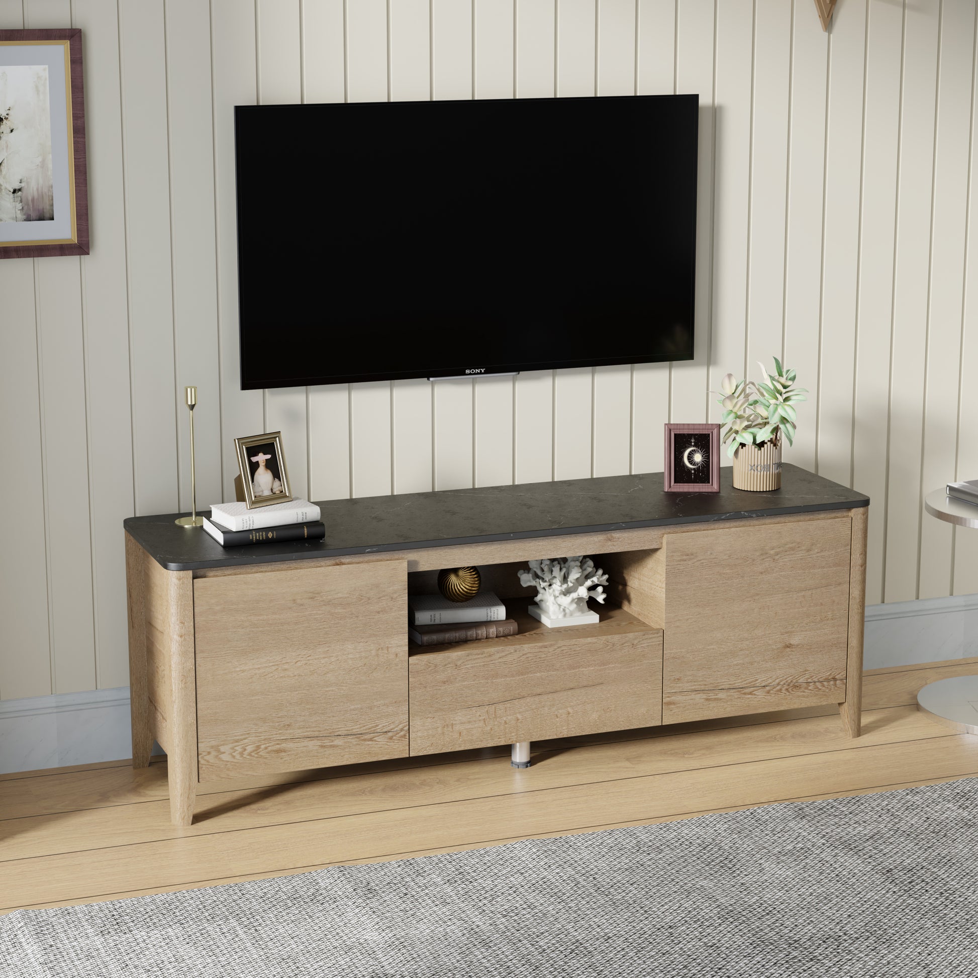 58 Inches Modern Tv Stand With Led Lights Entertainment Center Tv Cabinet With Storage For Up To 80 Inch For Gaming Living Room Bedroom Natural Wood Wash Particle Board