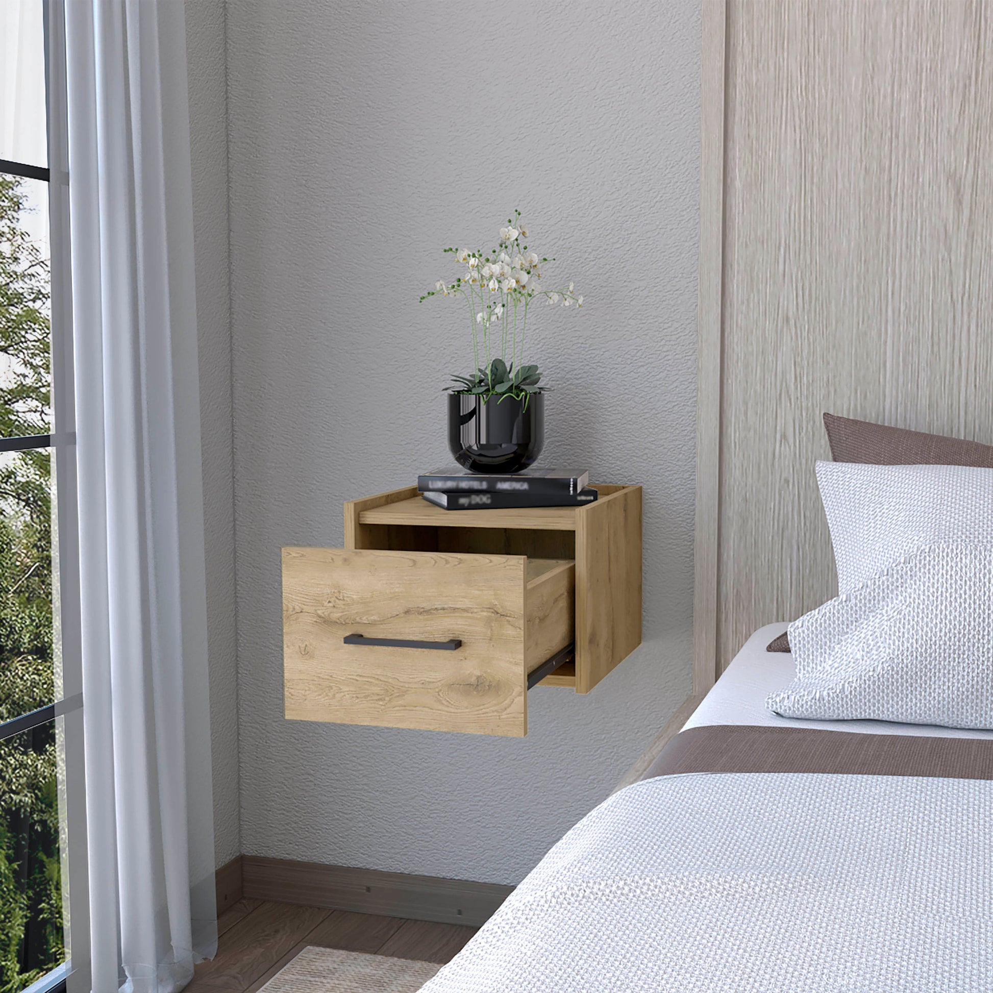 Macadamia Wall Mounted Floating Nightstand Natural 1 Drawer Bedroom Floating Space Saving Wood