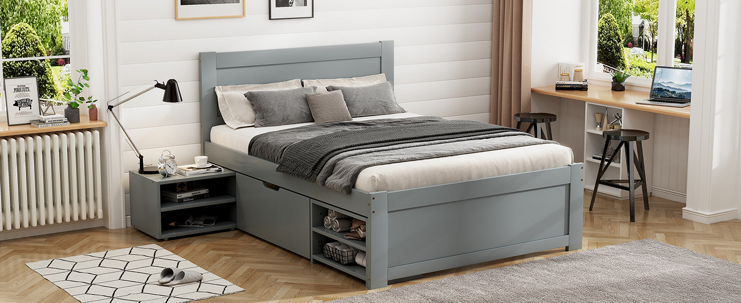 Twin Size Platform Bed With Drawer And Two Shelves, Gray Antique Gray Mdf Lvl