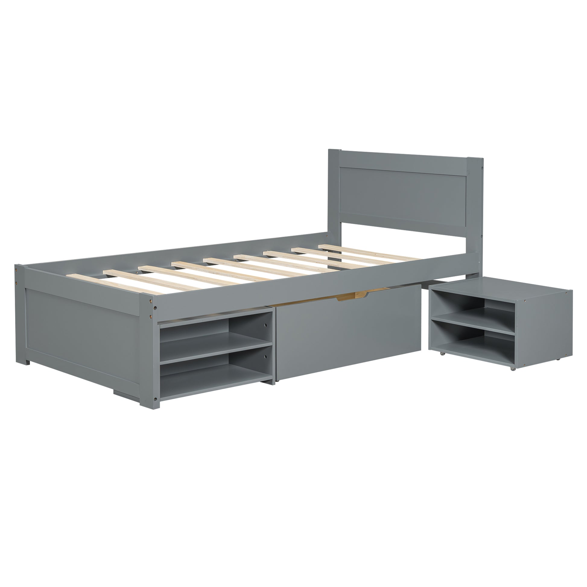 Twin Size Platform Bed With Drawer And Two Shelves, Gray Antique Gray Mdf Lvl