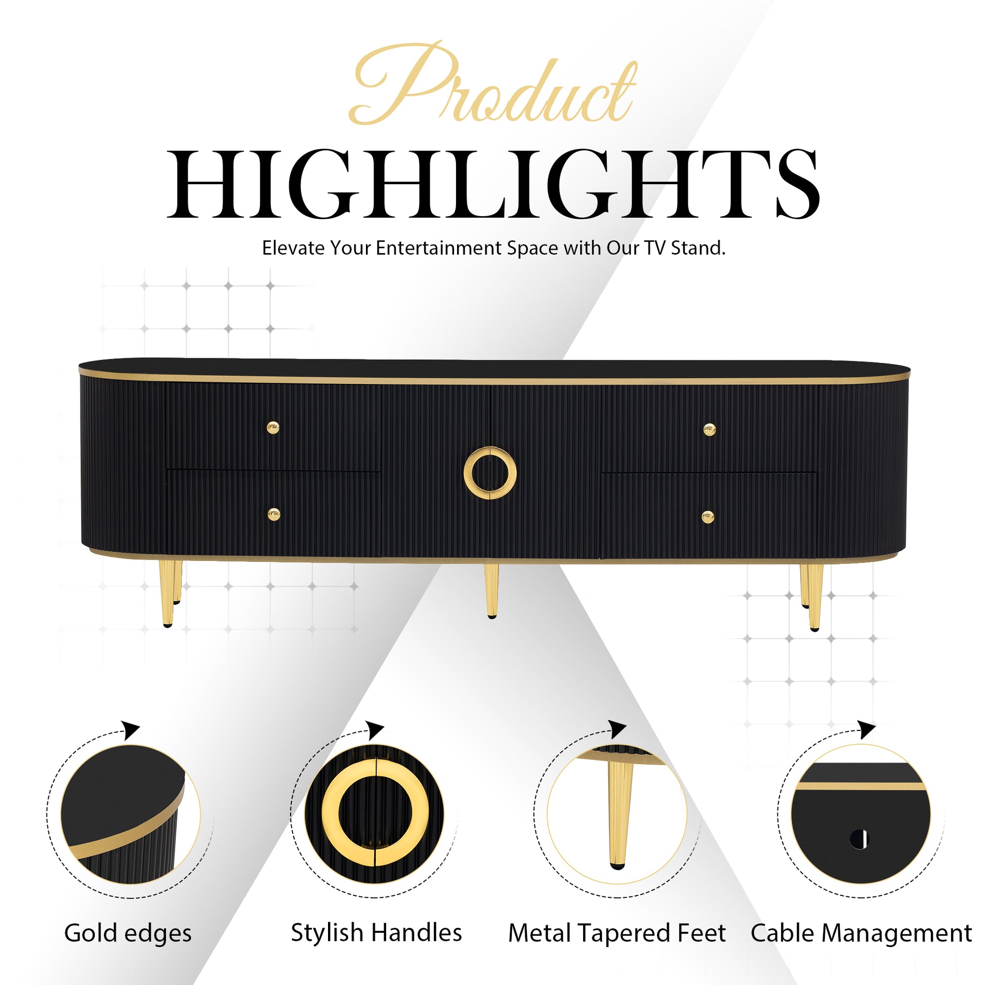 Modern Tv Stand For Tvs Up To 80 Inches, Entertainment Center With 4 Drawers And 1 Cabinet, Wood Tv Console Table With Metal Legs And Handles For Living Room Black 70 79 Inches Mdf