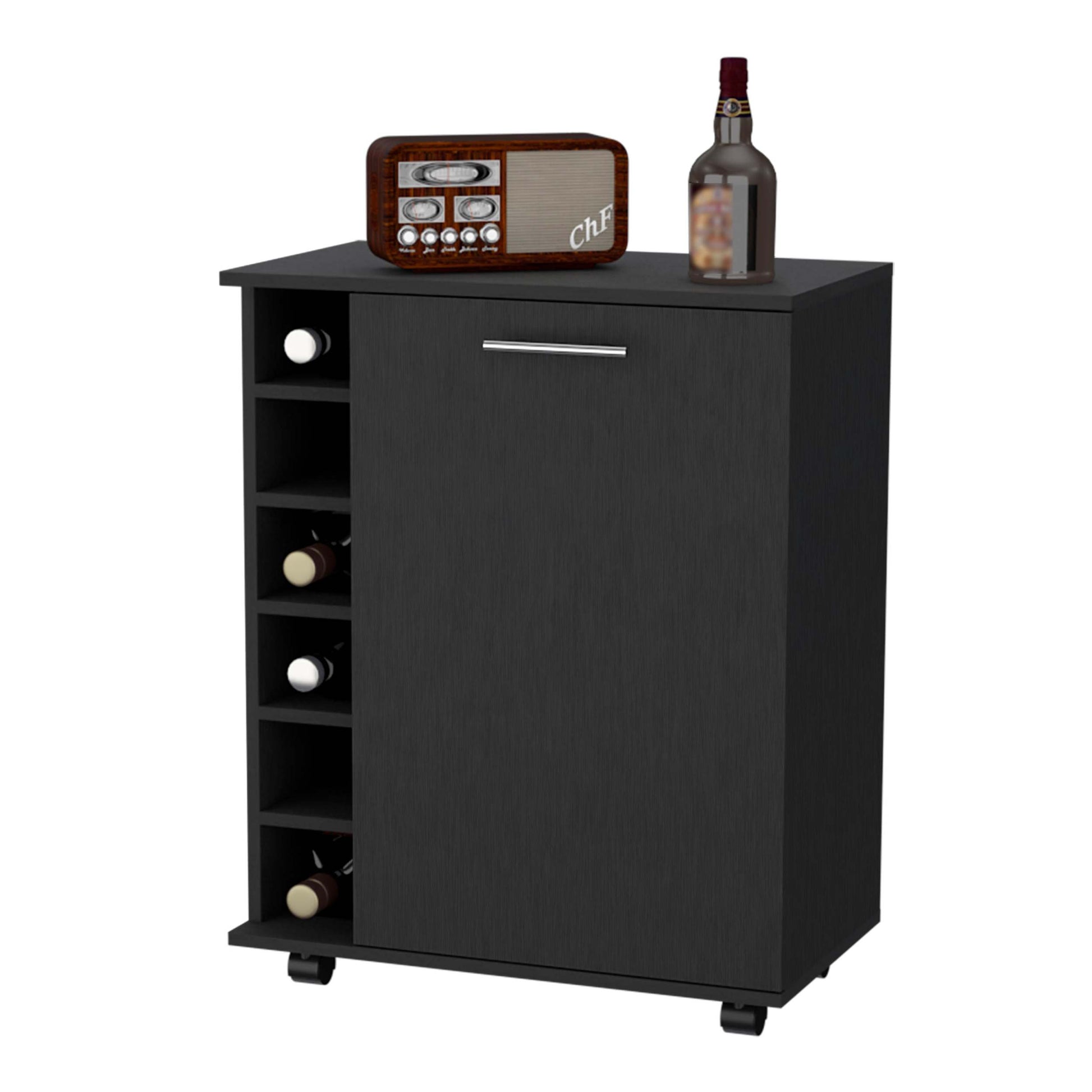 Black 6 Bottle Rack Bar Cart Black Primary Living Space Rectangular Kitchen Carts Wood Small Less Than 40In