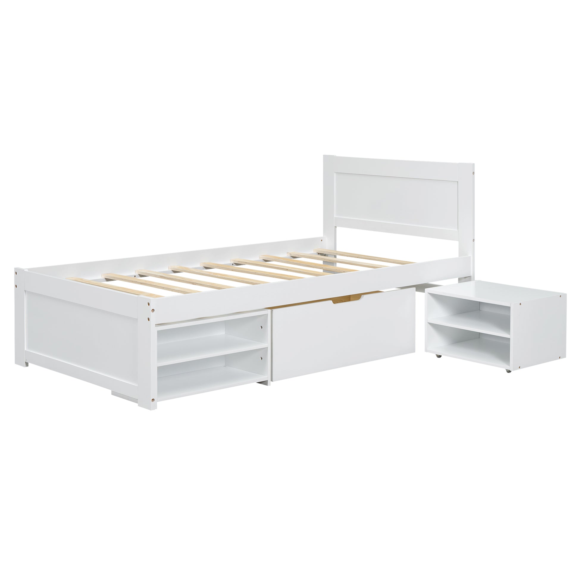 Twin Size Platform Bed With Drawer And Two Shelves, White Twin Antique White Mdf Lvl