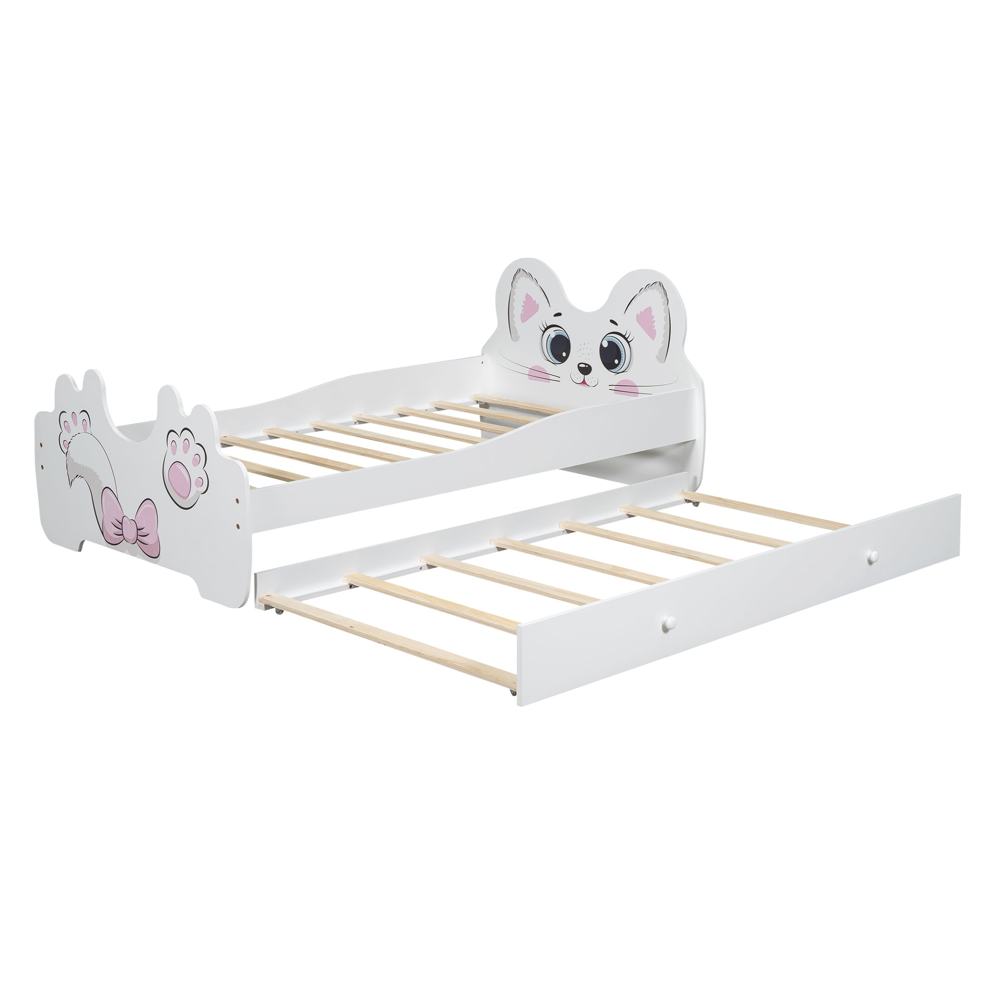 Cartoon Twin Size Platform Bed With Trundle, White Twin Antique White Mdf Lvl