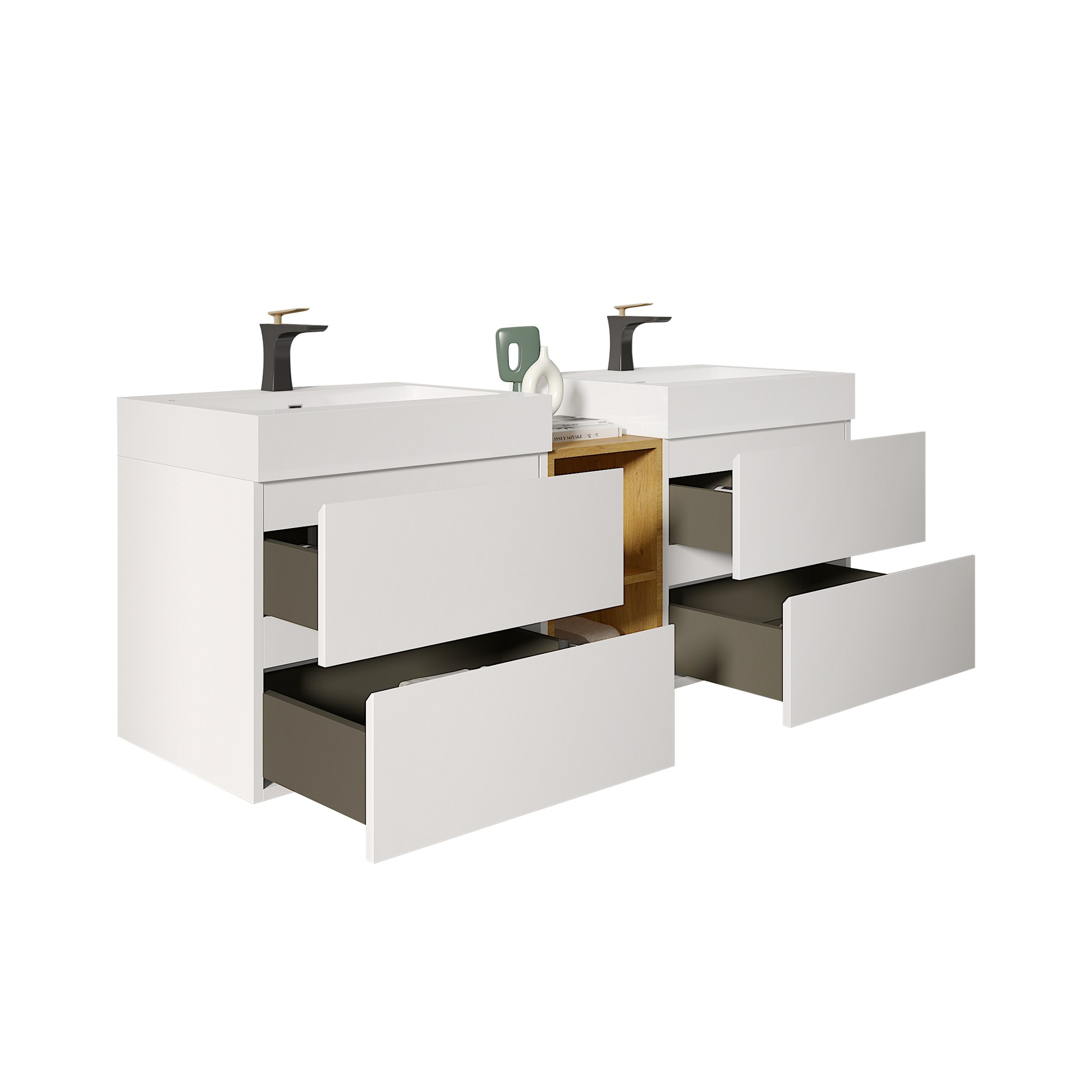 U062 Alice60W 201 Alice 60" White Bathroom Vanity With Double Sinks And Open Shelf, Modern Wall Mounted Floating Bathroom Vanity, One Piece Sink Basin Without Drain And Faucet White Bathroom Modern Mdf Mdf