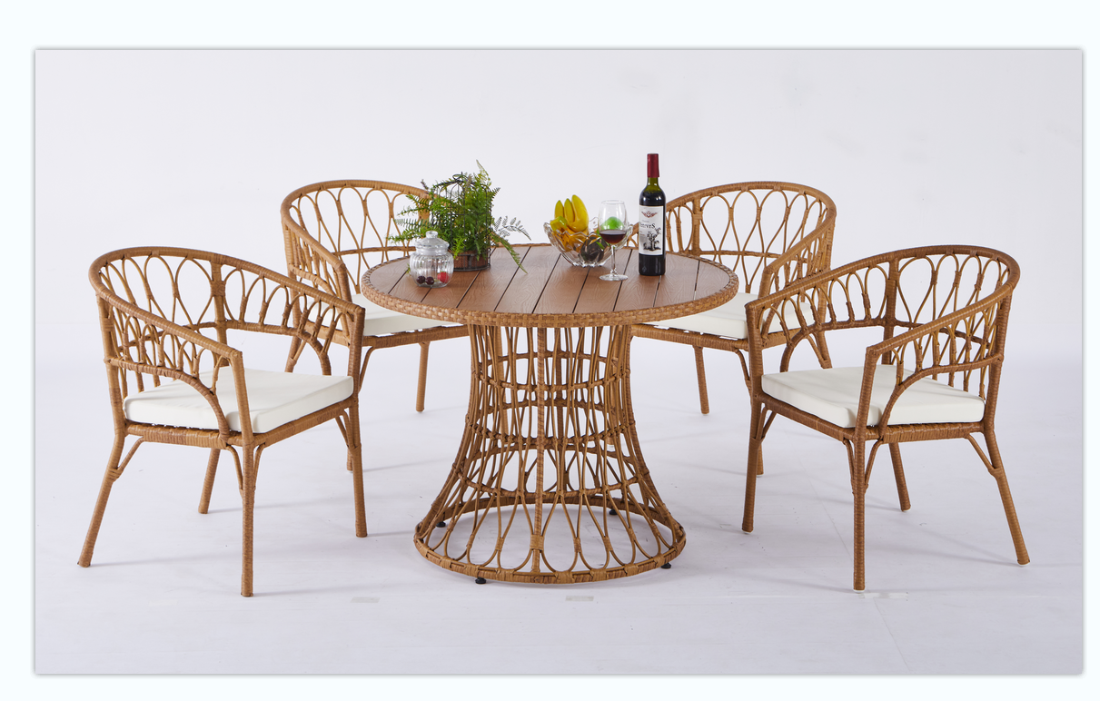 Outdoor Dining Set Of 5, Simple Bamboo Dinning Tablepe Ratten Round Table 110Cm Plastic Wood Top, Bamboo Looking Ratten Base, 4 Dinning Chairs With Cushion, Stackable Antique Brown Bamboo