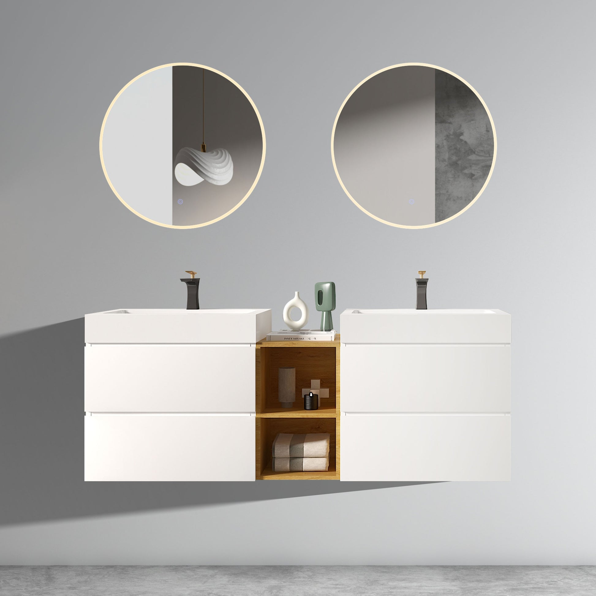 U062 Alice60W 201 Alice 60" White Bathroom Vanity With Double Sinks And Open Shelf, Modern Wall Mounted Floating Bathroom Vanity, One Piece Sink Basin Without Drain And Faucet White Bathroom Modern Mdf Mdf