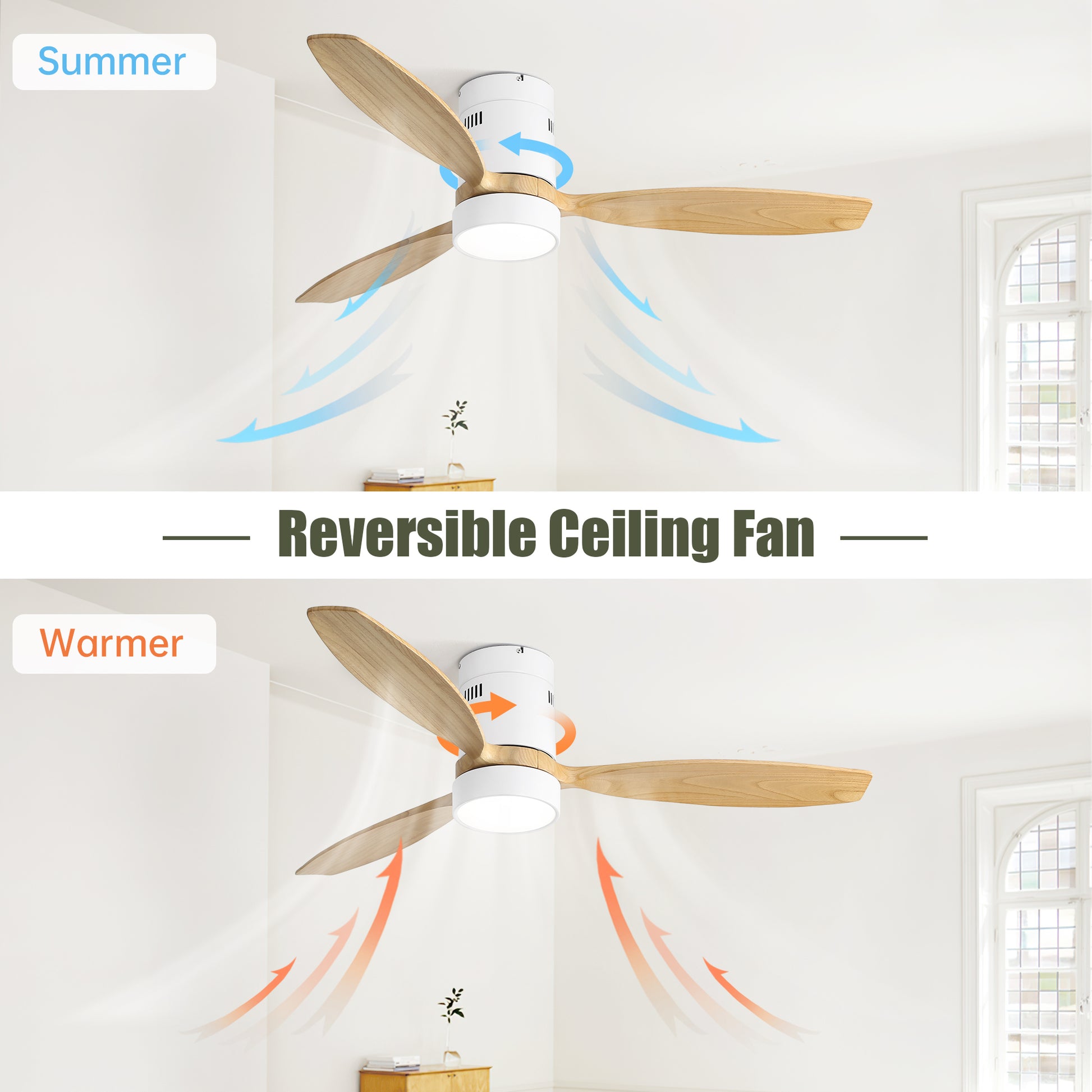 52 Inch Flush Mount Ceiling Fan Dc 3 Solid Wood Fan Blade Noiseless Reversible Motor Remote Control With Light White Metal & Wood