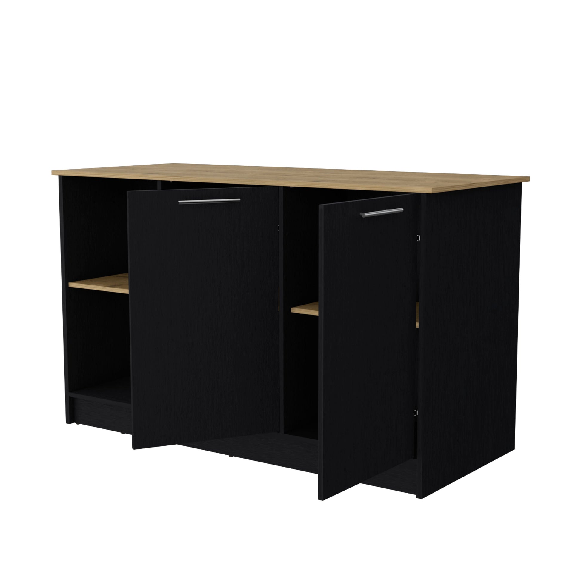 Black And Macadamia Double Door Cabinets Kitchen Island Black Natural Kitchen Rectangular Stationary Kitchen Islands Wood Large 56 In