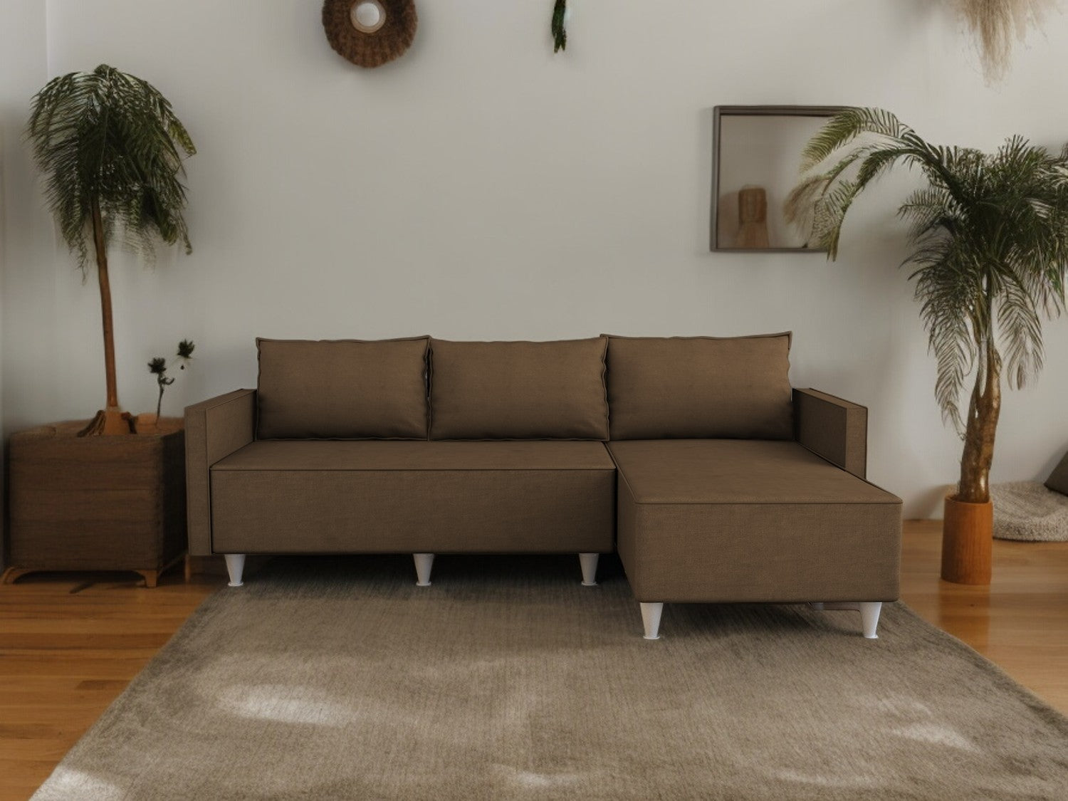 Aybuke Sectional, Brown Brown Foam Solid Wood 5 Seat