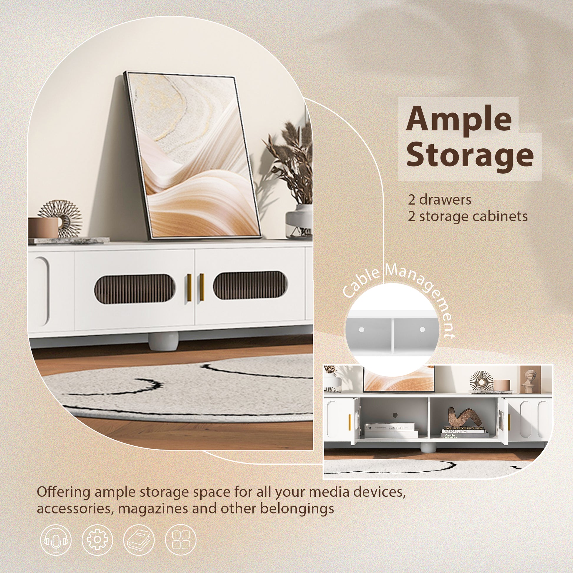 Modern Tv Stand For Tvs Up To 80 Inches, Entertainment Center With Glass Door, 2 Drawers And Cabinets, Wood Tv Storage Cabinet With Solid Wood Legs And Metal Handles For Living Room White Mdf
