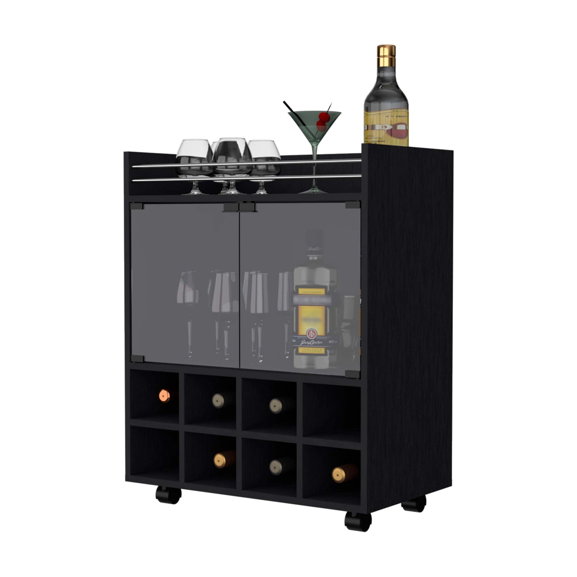 Bradley Black 8 Bottle Rack Bar Cart Black Primary Living Space Rectangular Kitchen Carts Wood Small Less Than 40In