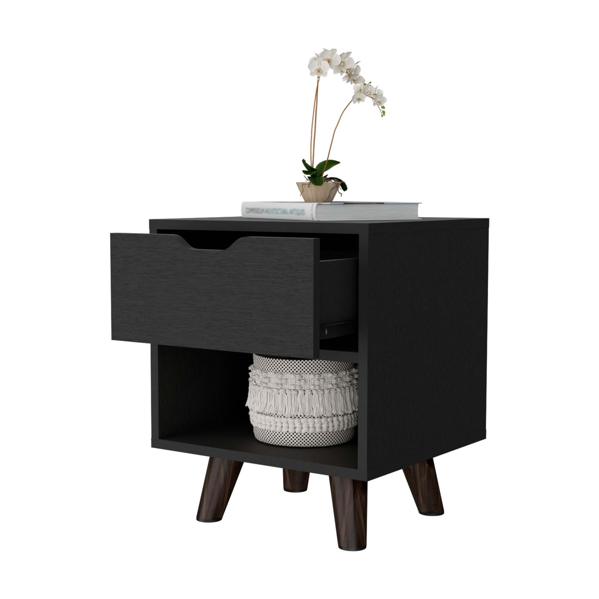 Black 1 Open Storage Shelf Nightstand Black 1 Drawer Bedroom Open Storage Shelf Black Wood