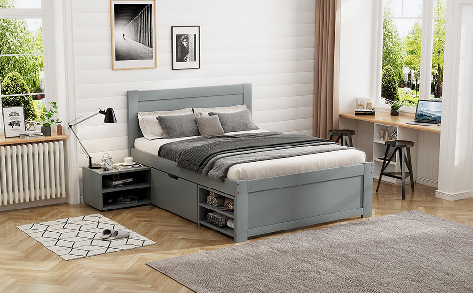 Twin Size Platform Bed With Drawer And Two Shelves, Gray Expected Arrival Time: 10.28 Twin Antique Gray Mdf Lvl