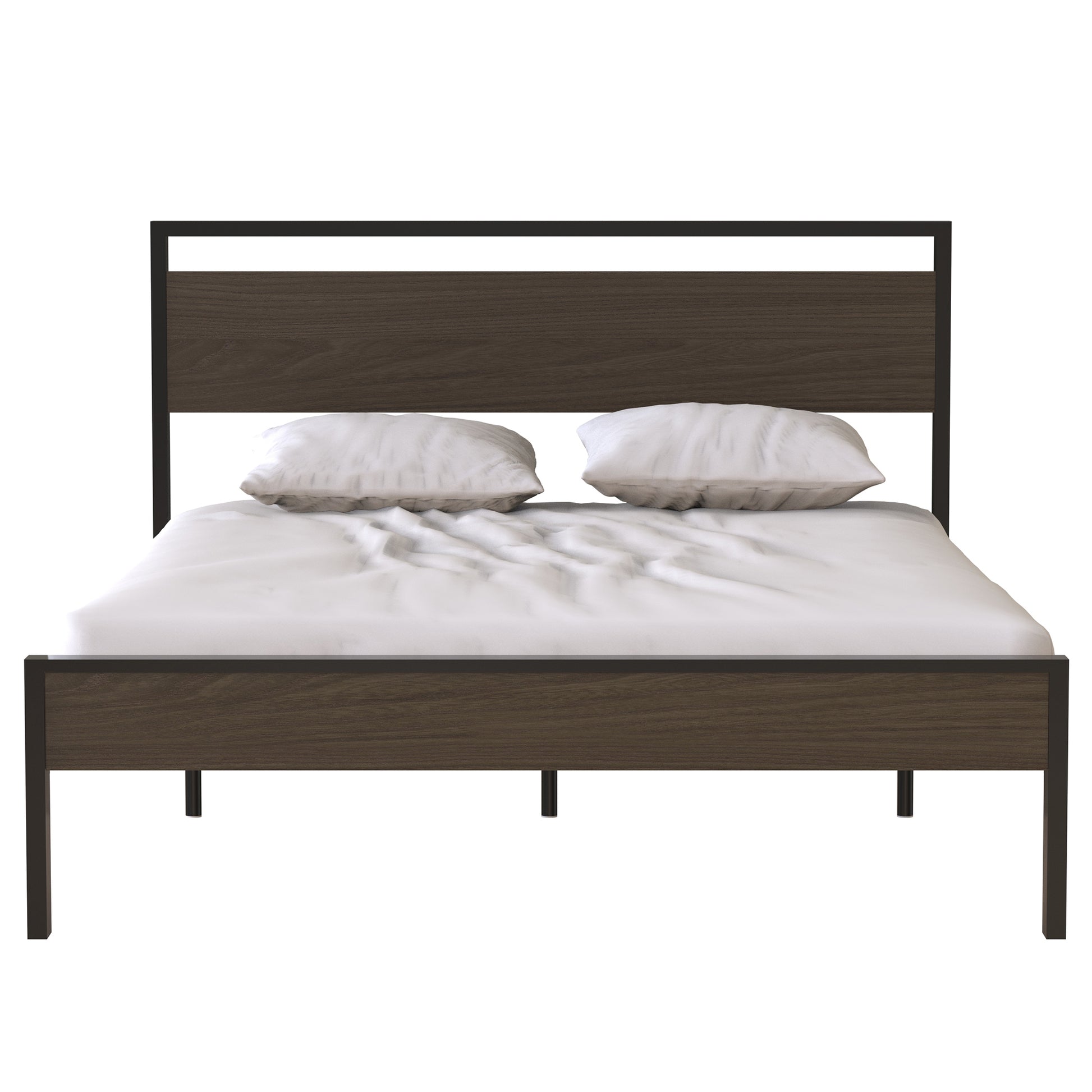 Ceres Metal Bed, Black With Walnut Wood Headboard&Footboard, Queen Box Spring Not Required Queen Black Metal Red Bedroom Bed Frame Metal Metal