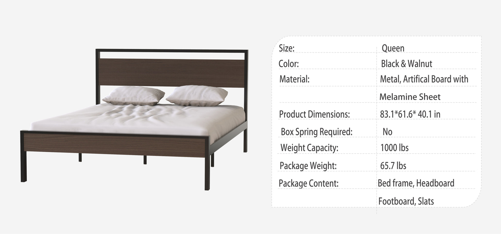 Ceres Metal Bed, Black With Walnut Wood Headboard&Footboard, Queen Box Spring Not Required Queen Black Metal Red Bedroom Bed Frame Metal Metal