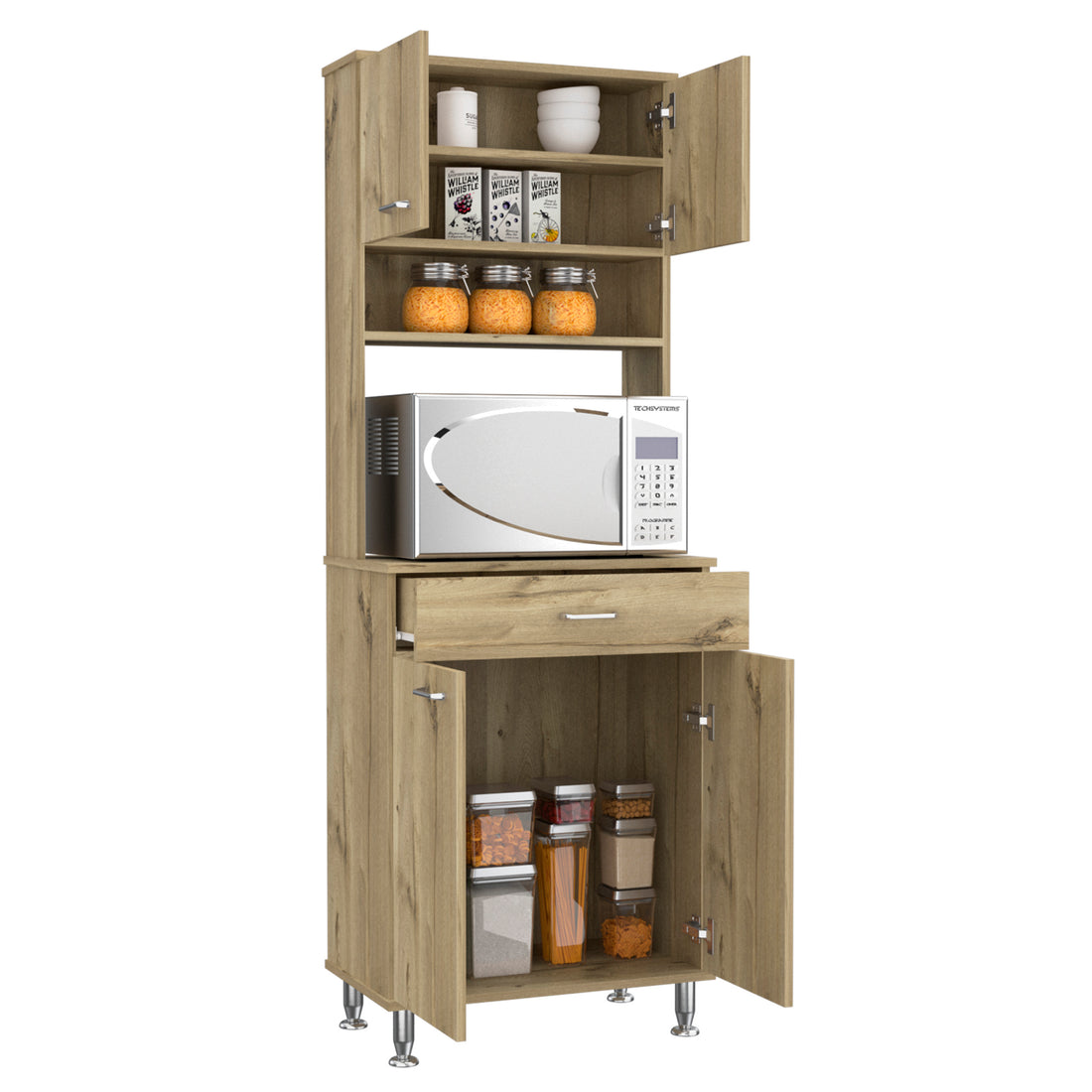 Pantry Cabinet 67" H, Four Doors, One Drawer, Three Internal Shelves, 2 External Storage Shelves, Microwave Storage Option, Four Legs, Light Oak Beige Particle Board Particle Board