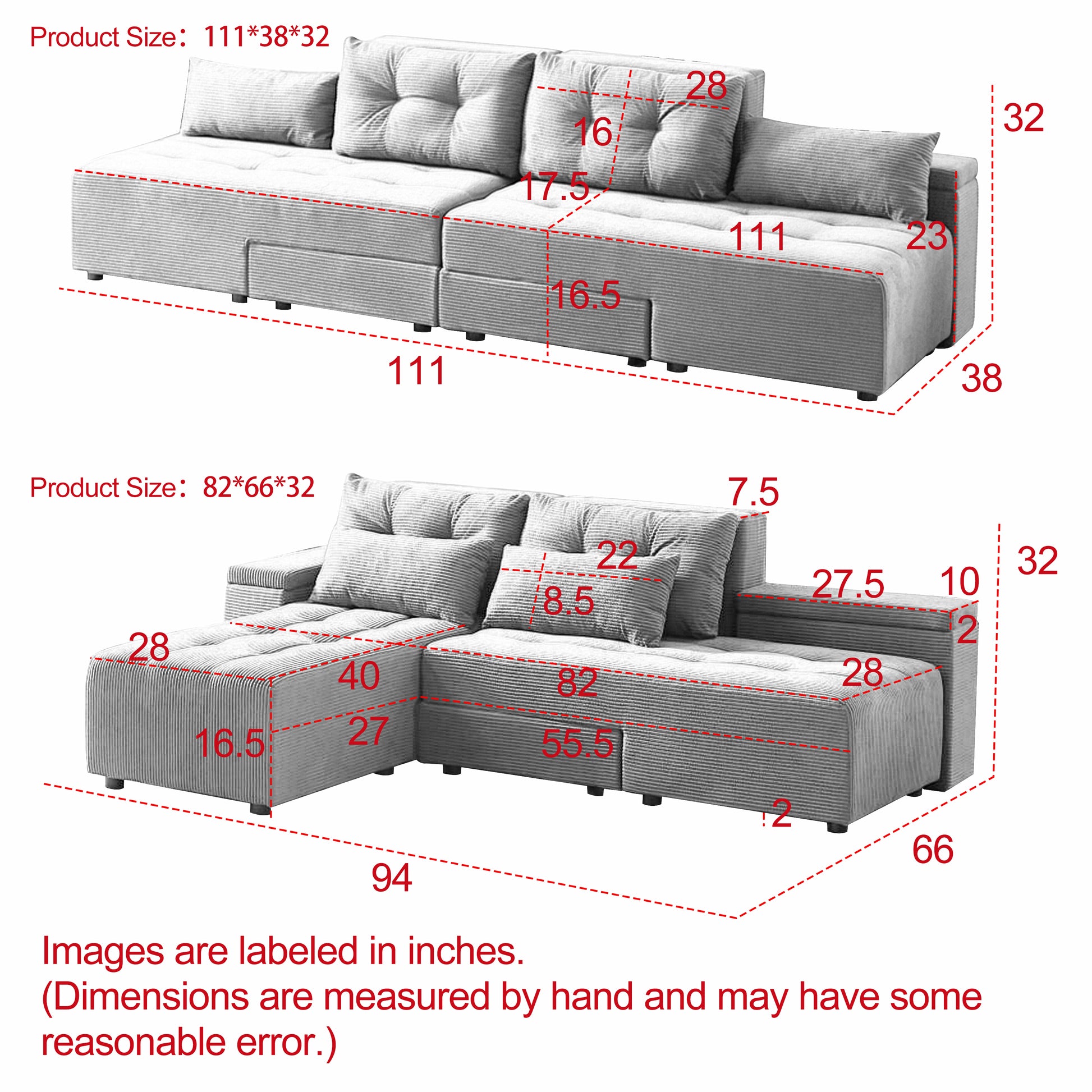 Convertible 3 In 1 Sleeper Sofa And Sectional Sofa With 4 Storage Space For Living Room,Corduroy Couch With 4 Pillows,Corduroy Black Corduroy 3 Seat
