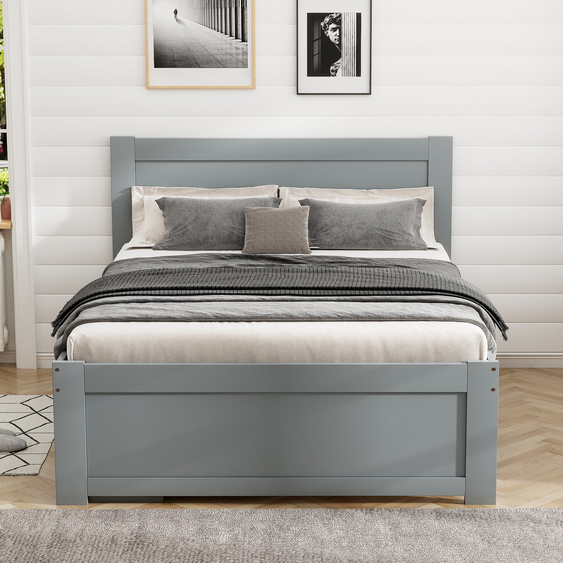 Twin Size Platform Bed With Drawer And Two Shelves, Gray Antique Gray Mdf Lvl