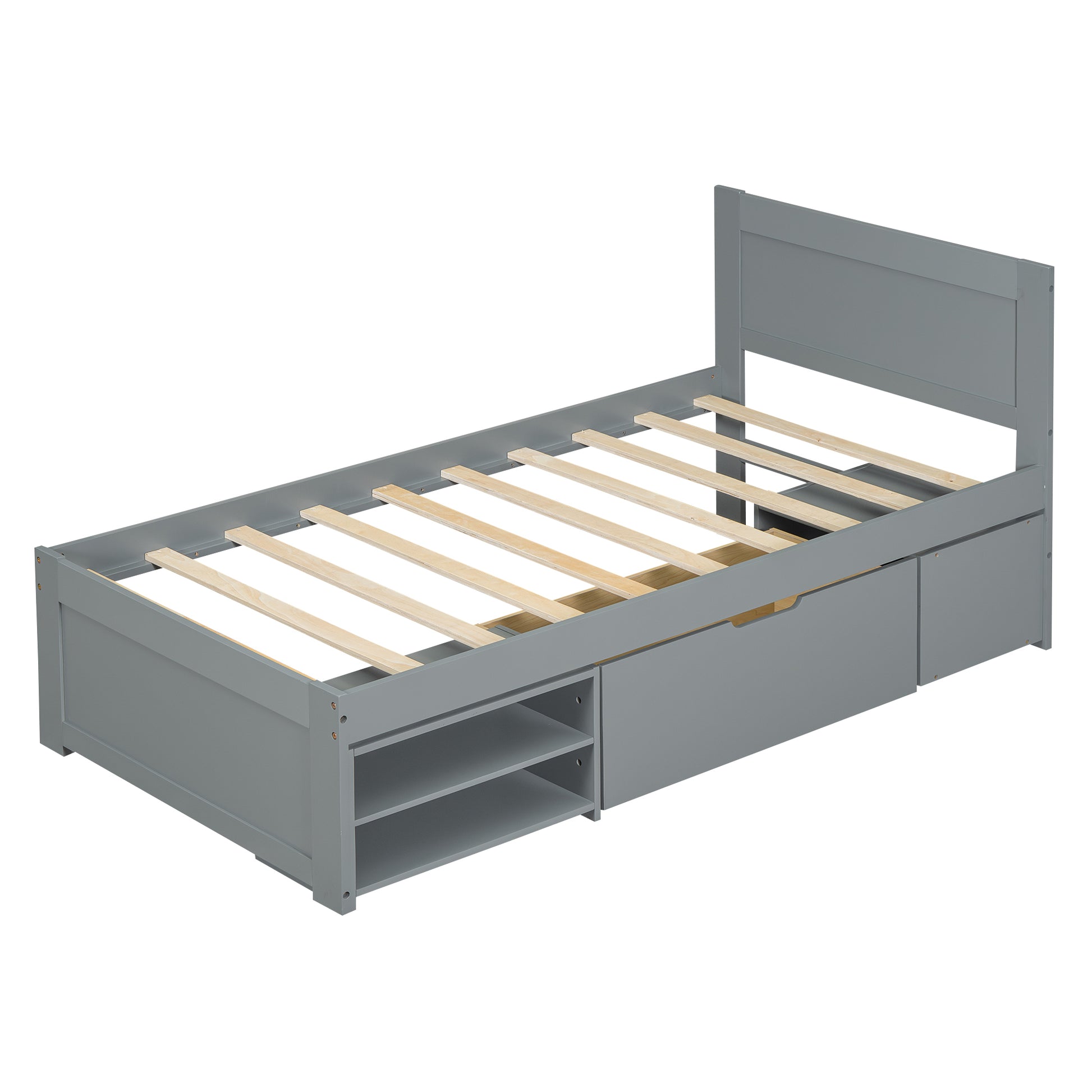 Twin Size Platform Bed With Drawer And Two Shelves, Gray Antique Gray Mdf Lvl