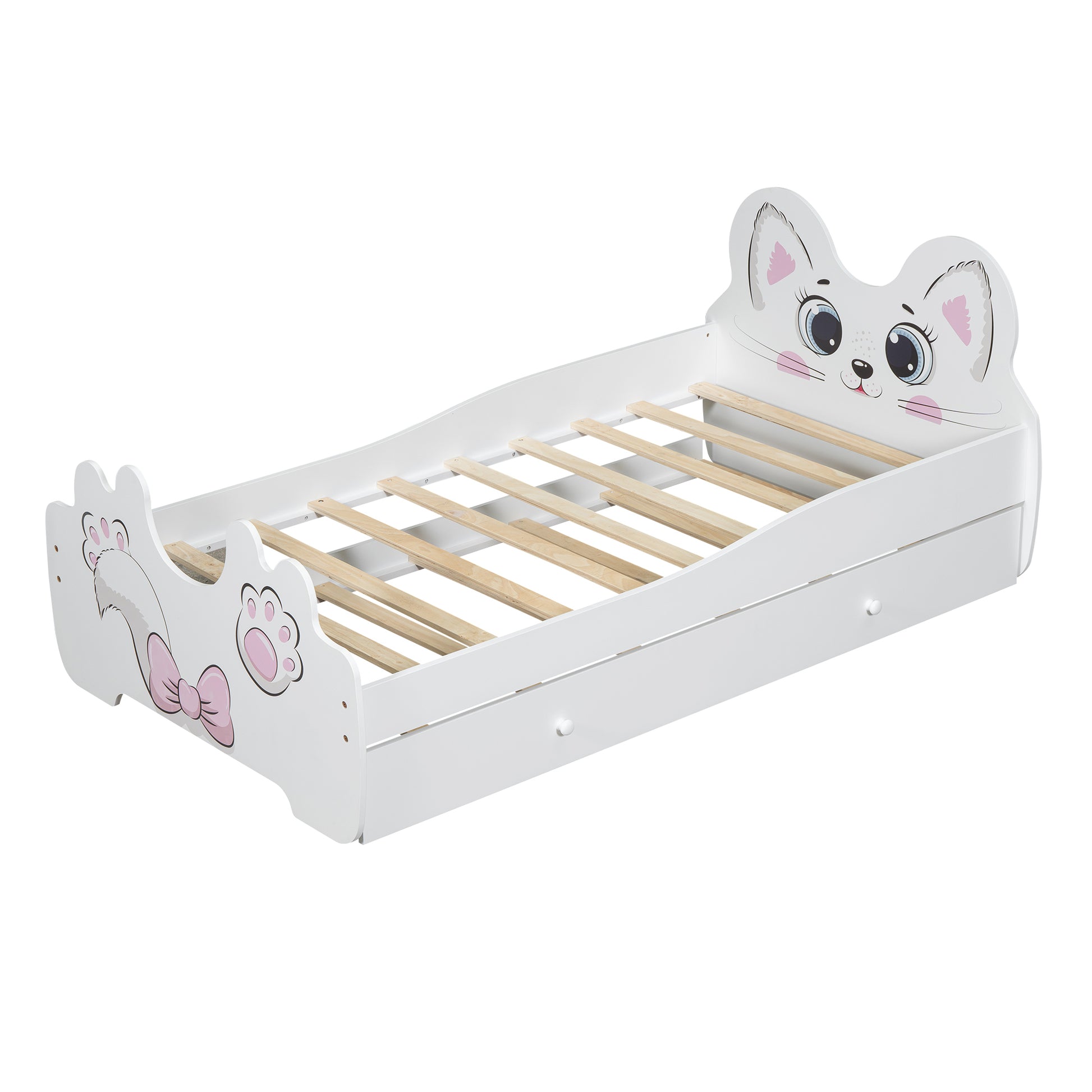 Cartoon Twin Size Platform Bed With Trundle, White Twin Antique White Mdf Lvl