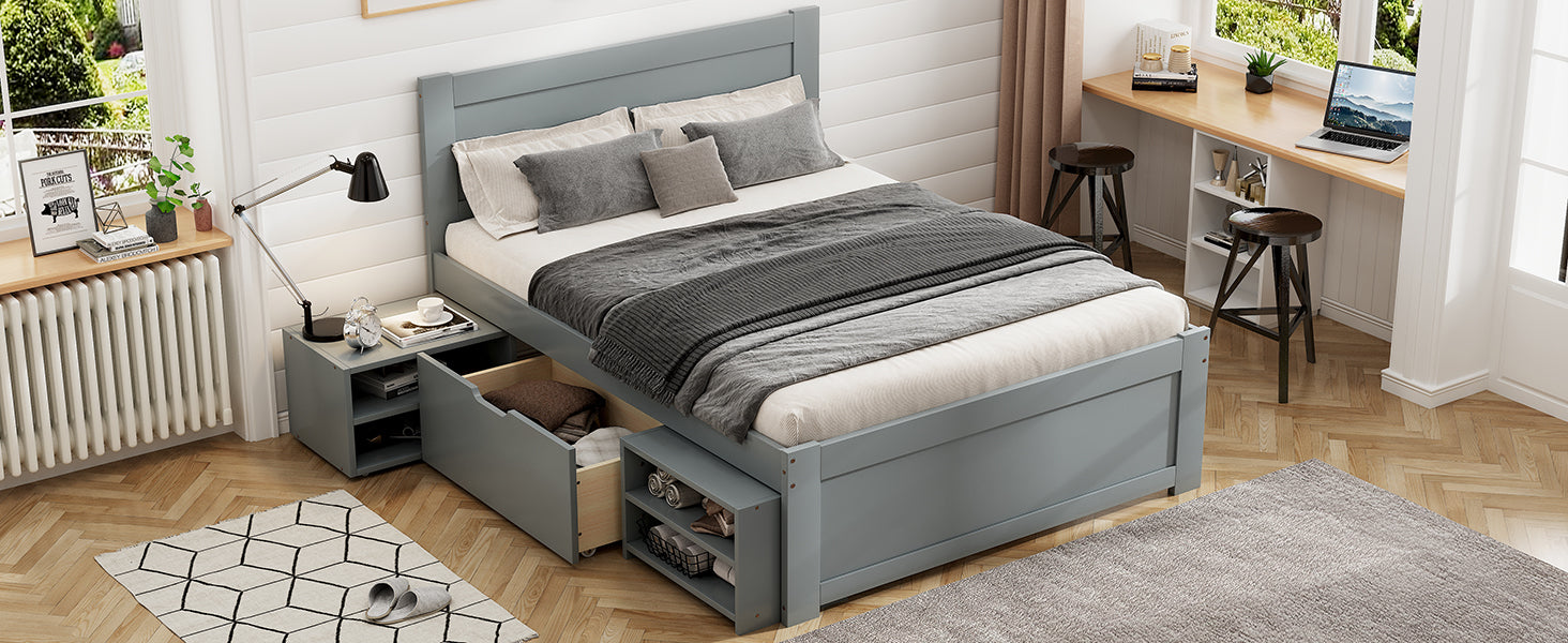 Twin Size Platform Bed With Drawer And Two Shelves, Gray Expected Arrival Time: 10.28 Twin Antique Gray Mdf Lvl