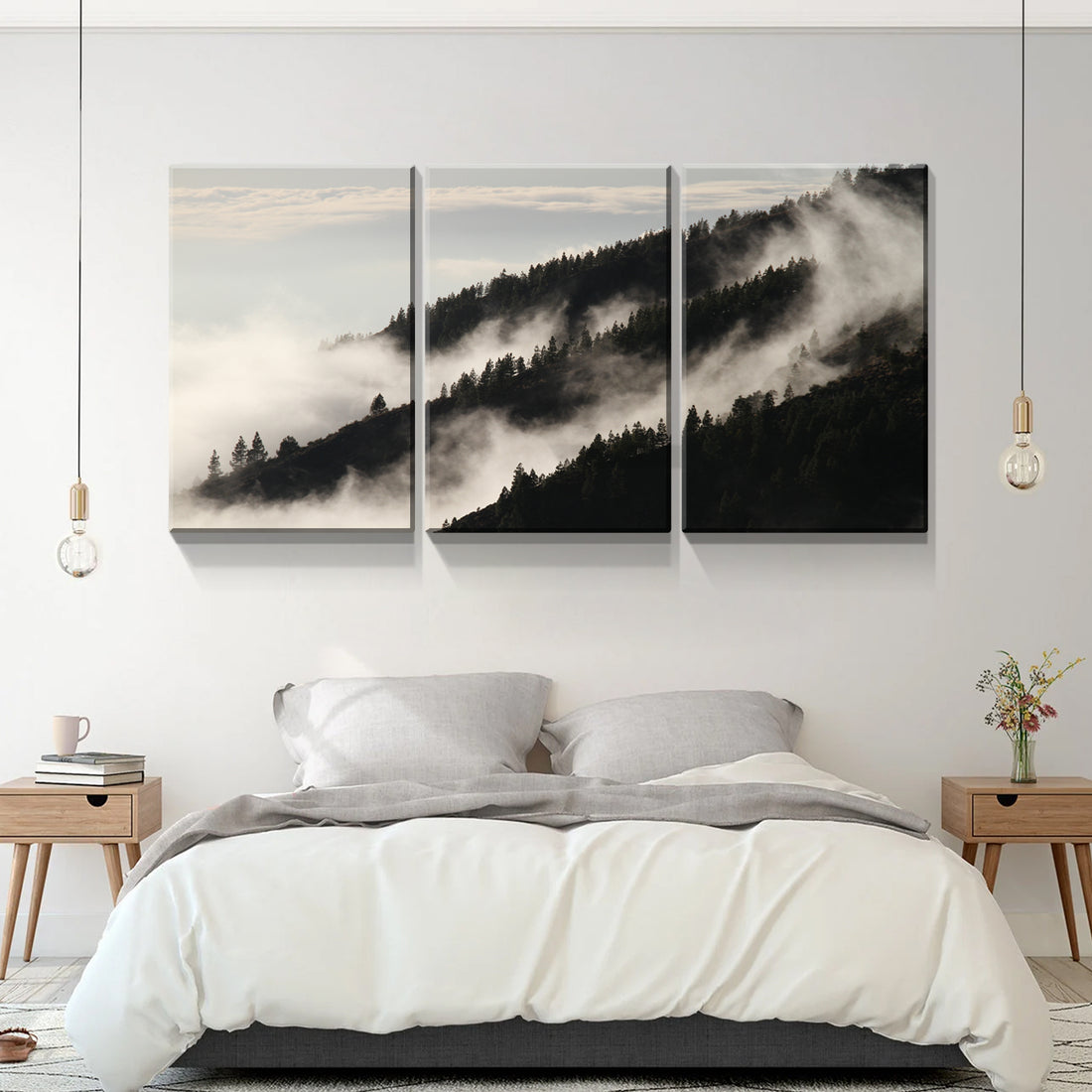 3 Panels Framed Misty Forest Forest Canvas Wall Art Decor,3 Pieces Mordern Canvas Decoration Painting For Office,Dining Room,Living Room, Bedroom Decor Ready To Hang 1218In Thickness 1.5Inch Rectangle Framed Multicolor Oversized 41In Canvas Nature Scenes