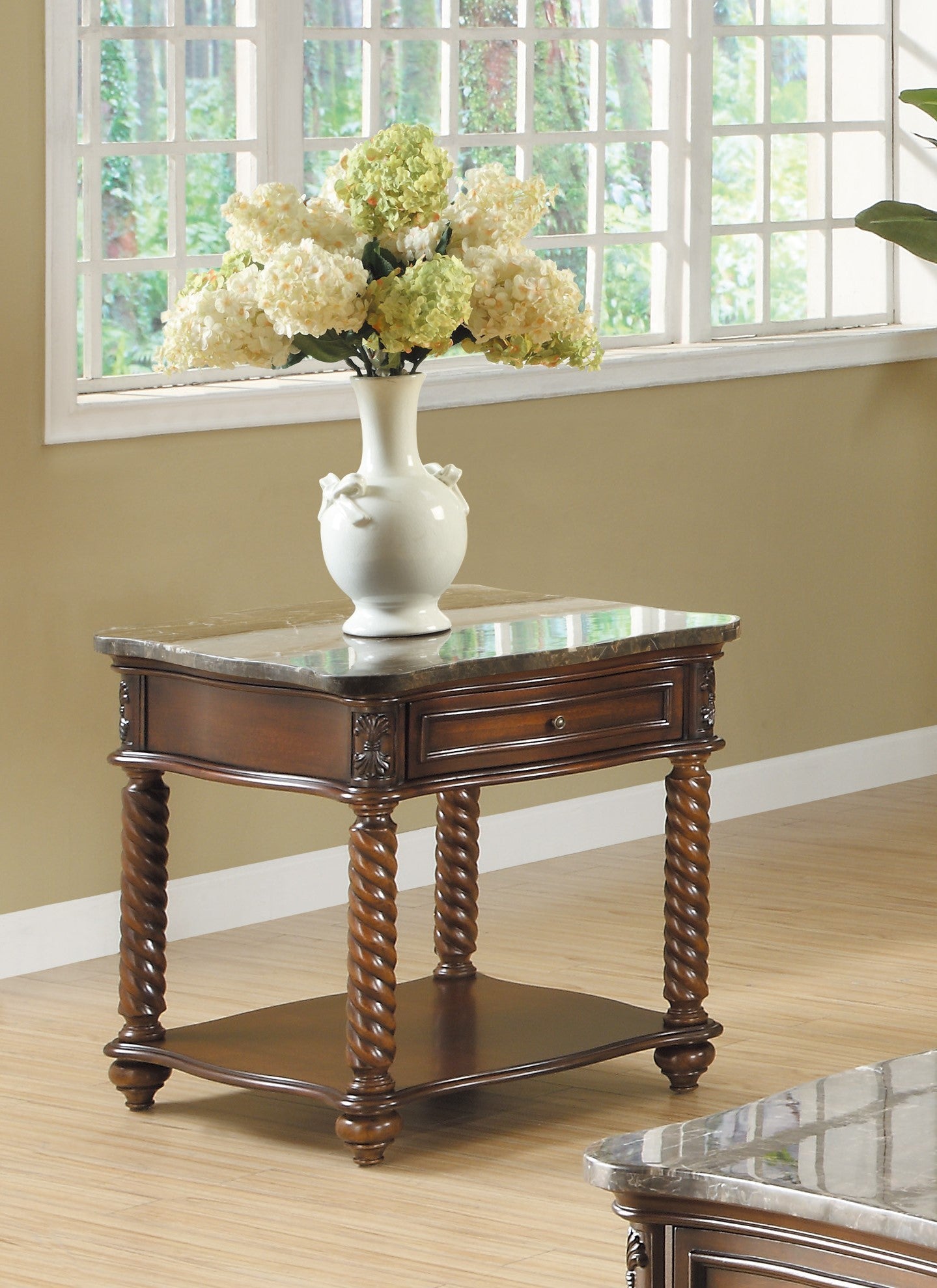 Traditional Formal Marble Top End Table With Drawer Lower Shelf Mahogany Finish Spiral Turned Legs Wooden 1Pc Living Room Furniture Side Table Mahogany Primary Living Space Luxury,Traditional Drawers Square Coffee & End Tables Wood