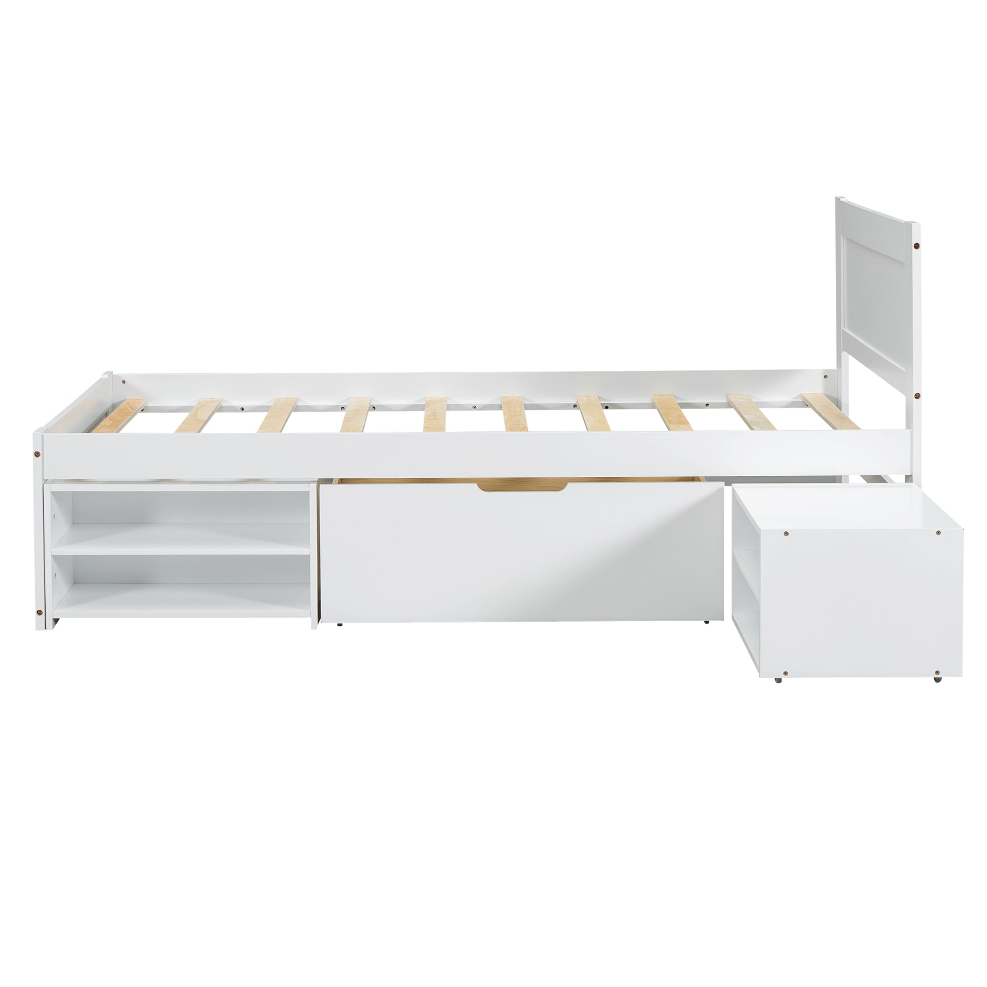 Twin Size Platform Bed With Drawer And Two Shelves, White Twin Antique White Mdf Lvl