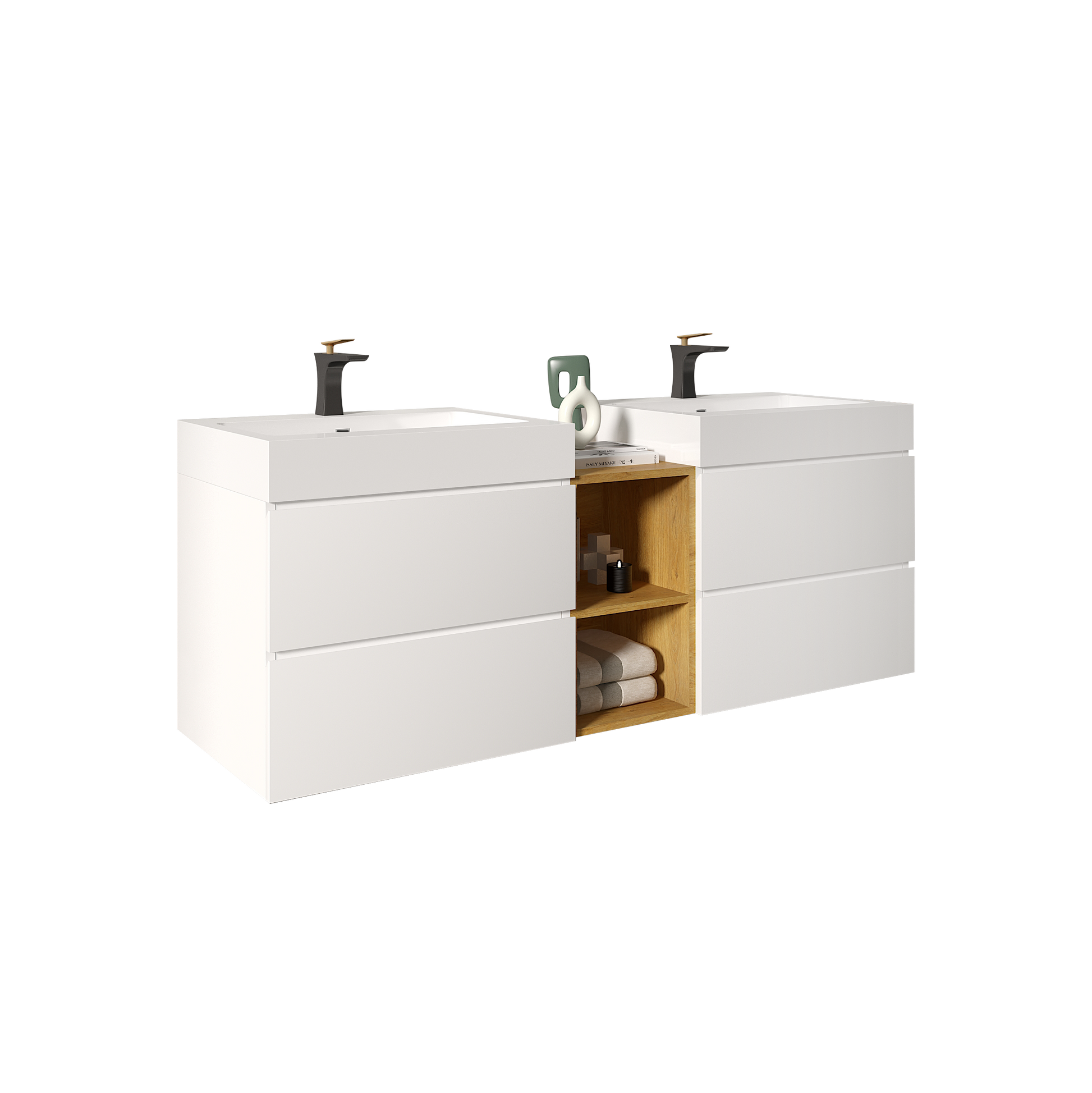 U062 Alice60W 201 Alice 60" White Bathroom Vanity With Double Sinks And Open Shelf, Modern Wall Mounted Floating Bathroom Vanity, One Piece Sink Basin Without Drain And Faucet White Bathroom Modern Mdf Mdf