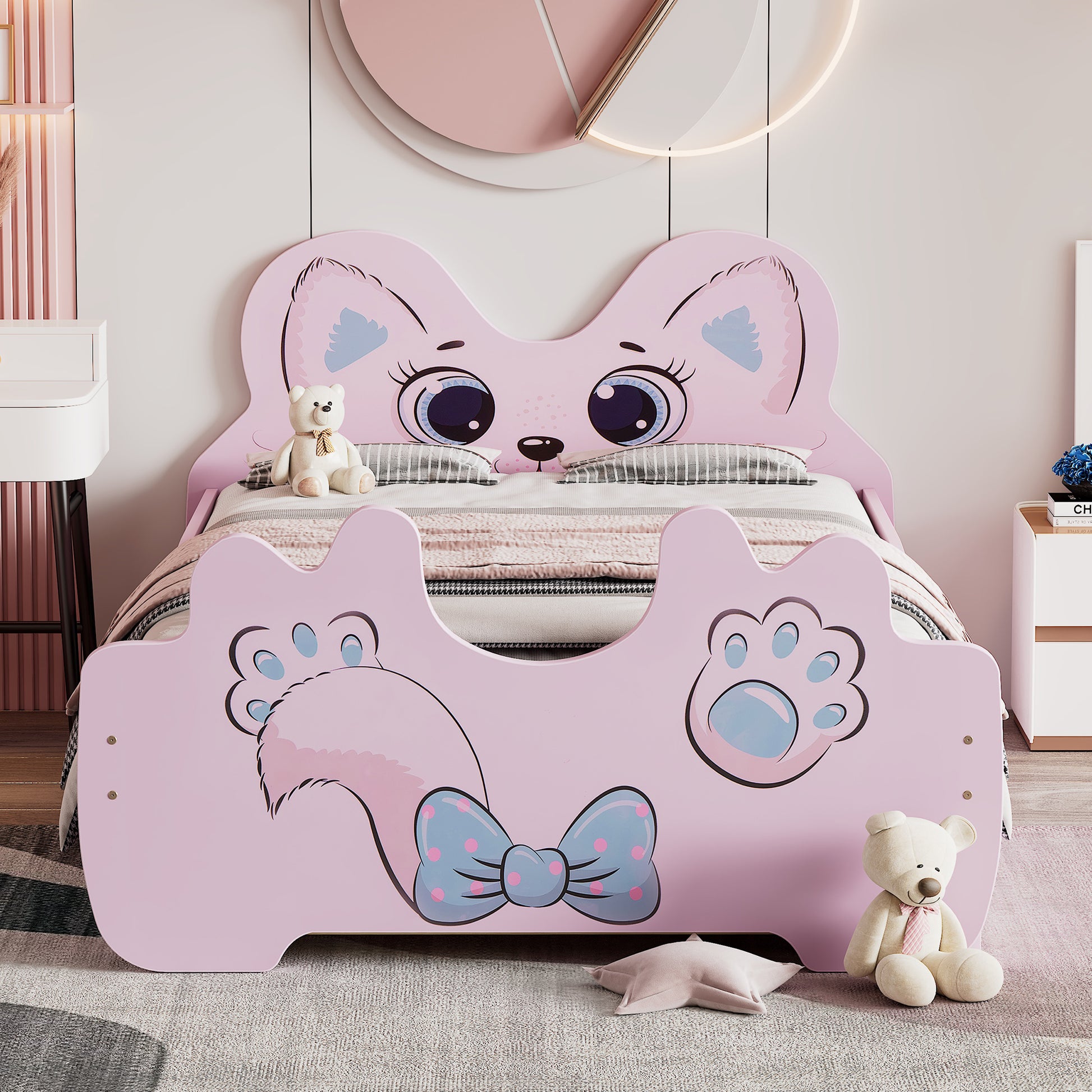 Cartoon Twin Size Platform Bed With Trundle, Pink Twin Pink Blue Mdf Lvl