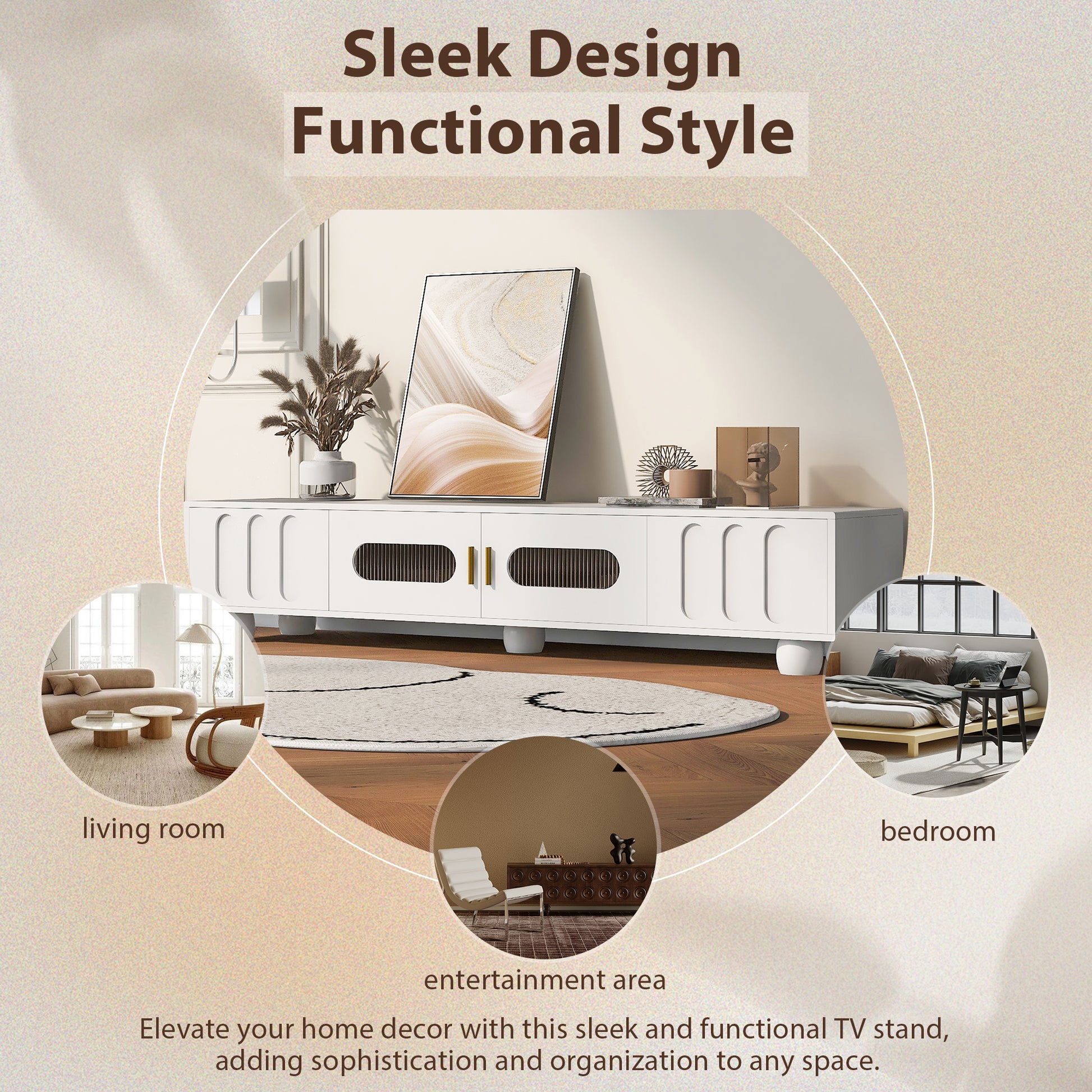 Modern Tv Stand For Tvs Up To 80 Inches, Entertainment Center With Glass Door, 2 Drawers And Cabinets, Wood Tv Storage Cabinet With Solid Wood Legs And Metal Handles For Living Room White Mdf