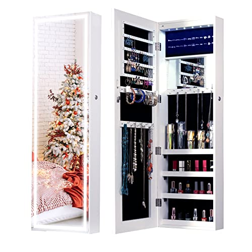 Fashion Simple Jewelry Storage Mirror Cabinet With Led Lights Can Be Hung On The Door Or Wall White Mdf