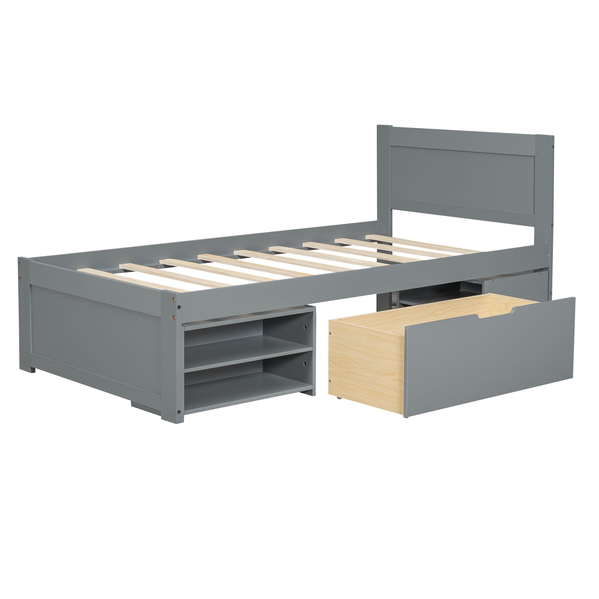 Twin Size Platform Bed With Drawer And Two Shelves, Gray Antique Gray Mdf Lvl