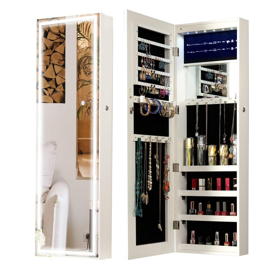 Fashion Simple Jewelry Storage Mirror Cabinet With Led Lights Can Be Hung On The Door Or Wall White Mdf