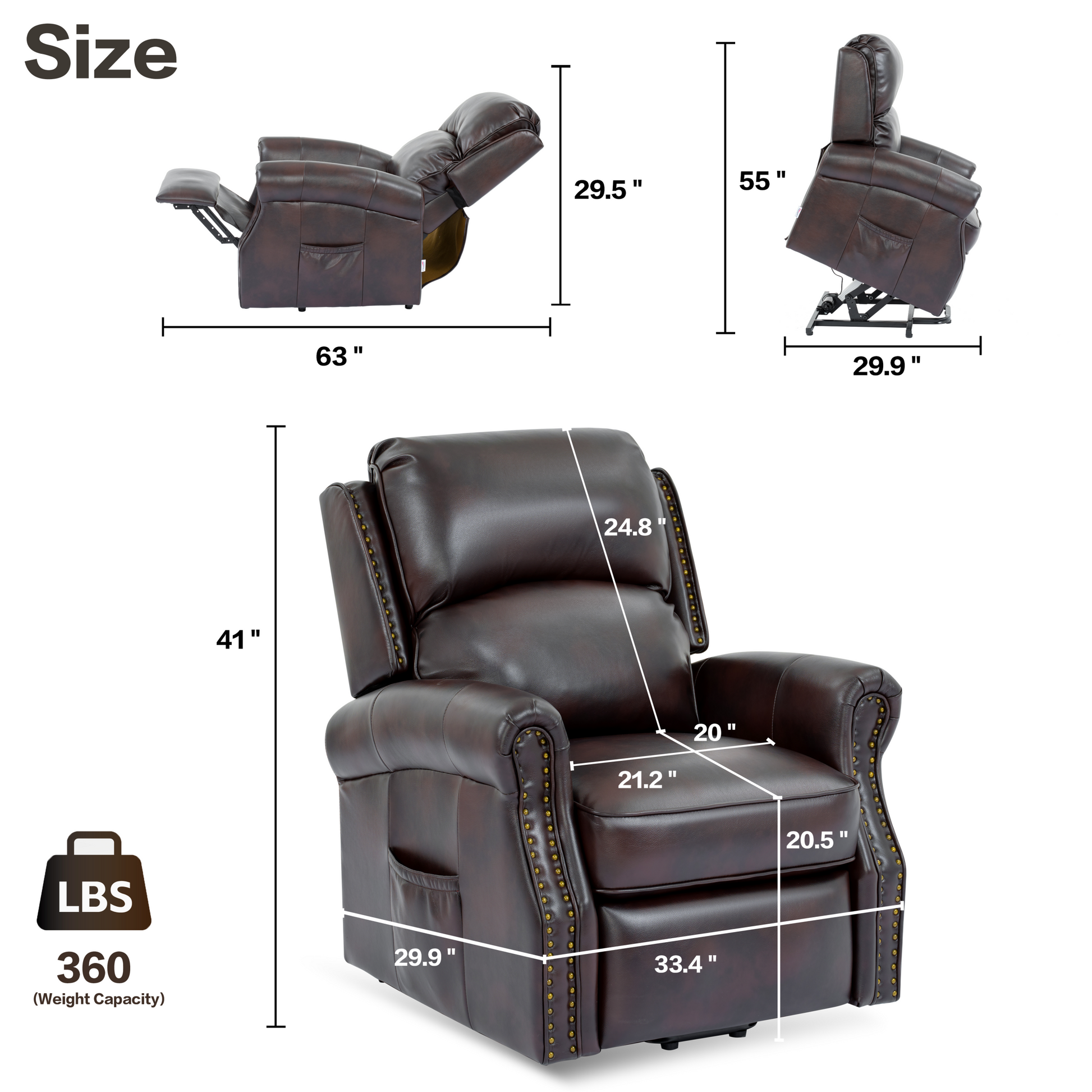 Lift Recliner Chair, Electric Power Lift Recliner Chair For Elderly With Eight Points Massage And Heating Brown Brown Faux Leather Power Remote Wood Primary Living Space Soft American Traditional Metal & Wood