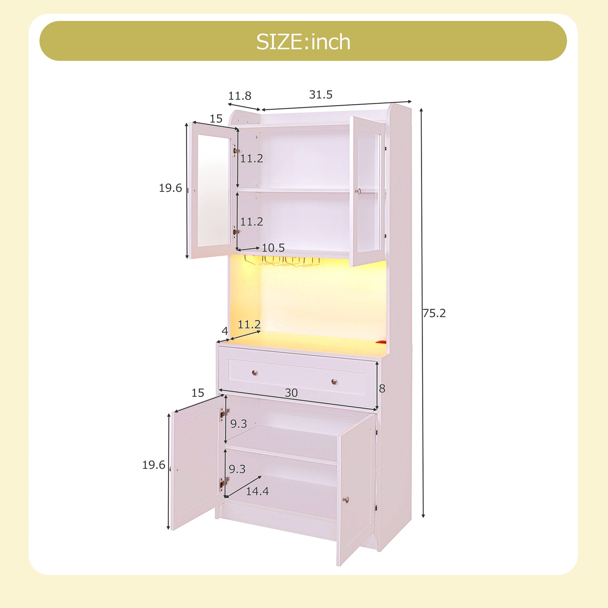 75.2" Tall Kitchen Pantry Storage Cabinet With Lights And Charging Station, Modern Kitchen Hutch Bar Cabinet With Microwave Stand, Wood Buffet Sideboard With 1 Drawer For Kitchen, Dining Room White Dining Room Classic Mdf