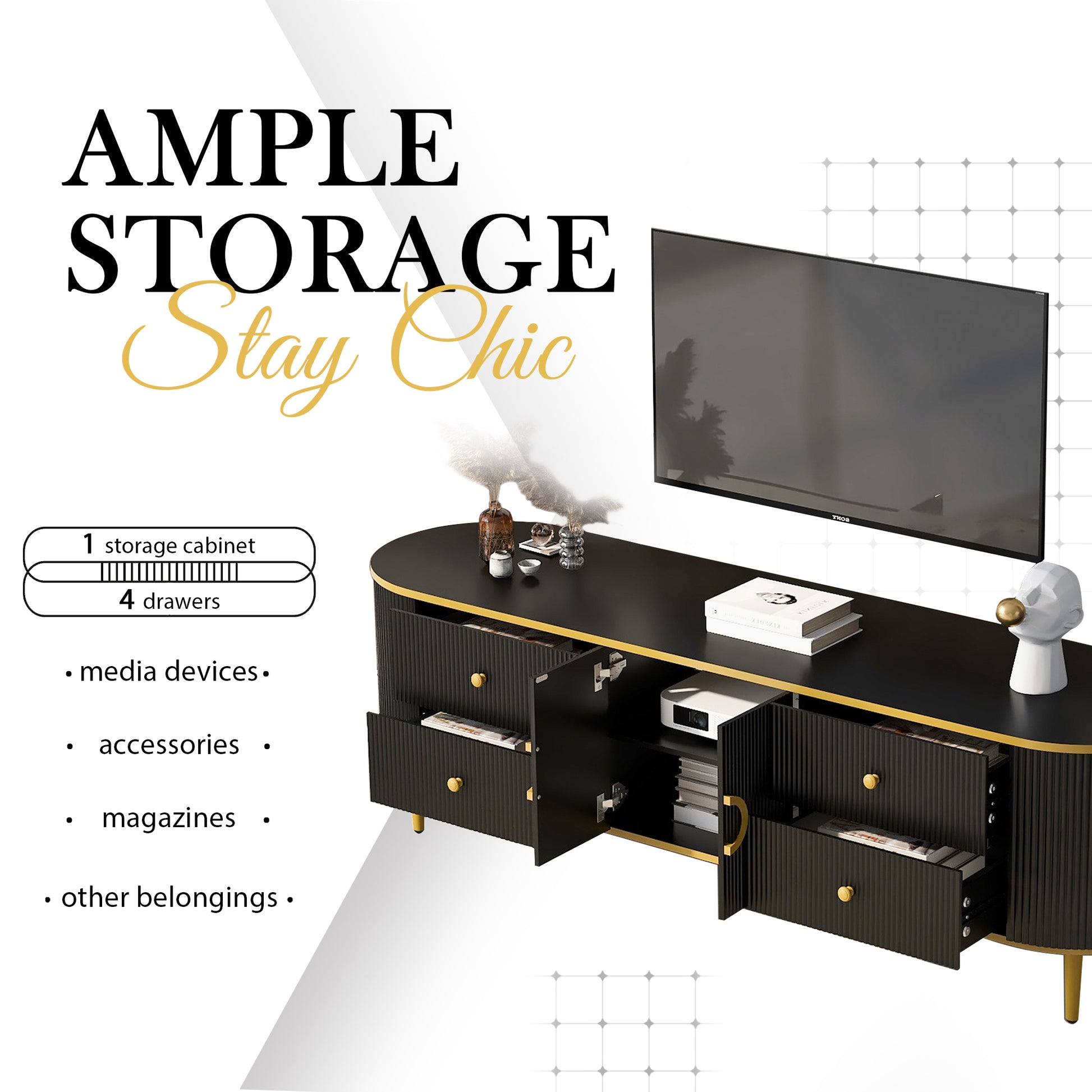 Modern Tv Stand For Tvs Up To 80 Inches, Entertainment Center With 4 Drawers And 1 Cabinet, Wood Tv Console Table With Metal Legs And Handles For Living Room Black 70 79 Inches Mdf