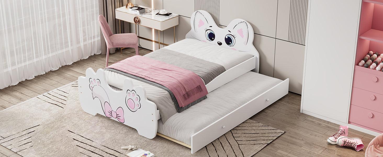 Cartoon Twin Size Platform Bed With Trundle, White Twin Antique White Mdf Lvl