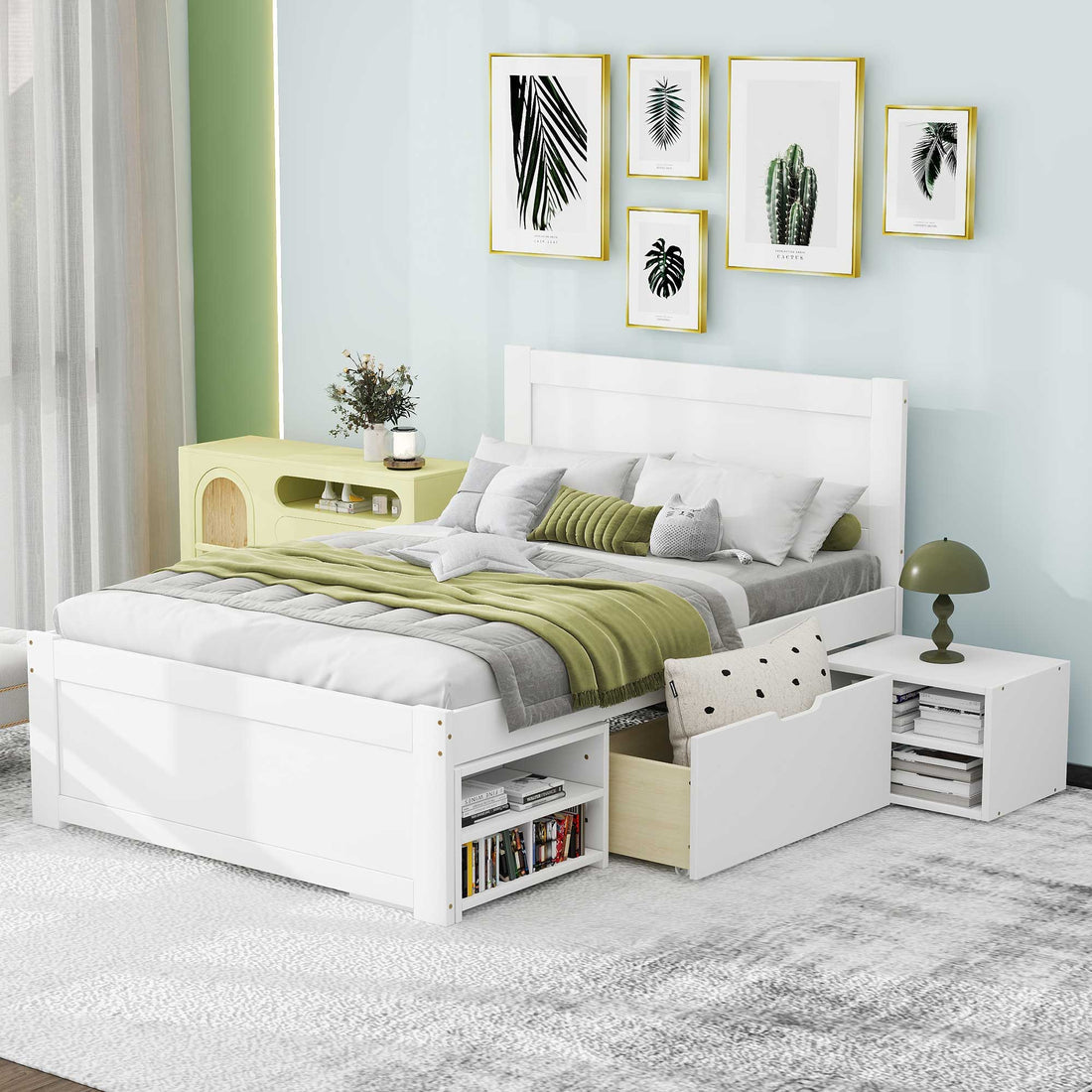 Twin Size Platform Bed With Drawer And Two Shelves, White Twin Antique White Mdf Lvl