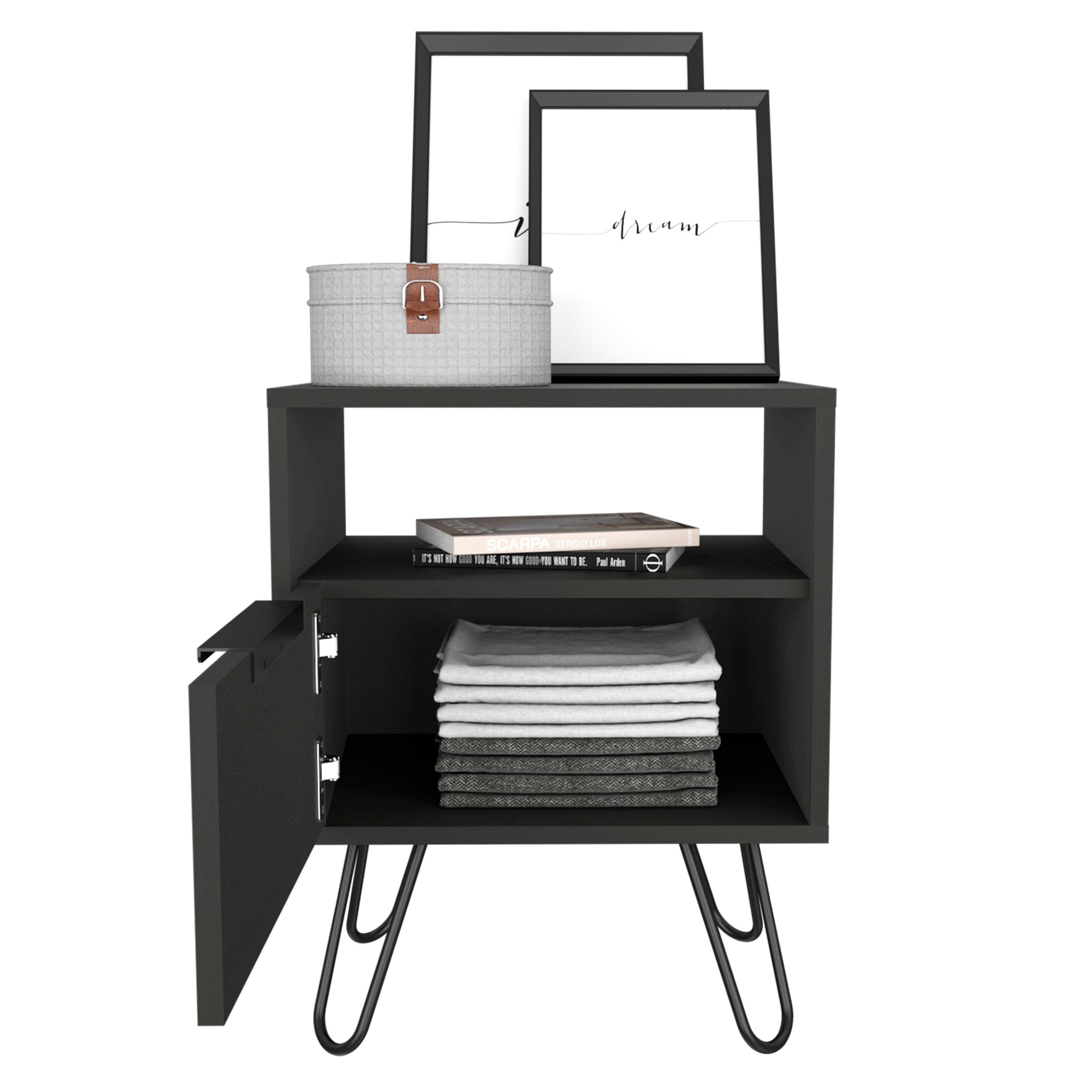 Nightstand 22"H, One Open Shelf, Single Door Cabient, Hairpin Legs, Black Black Particle Board Particle Board