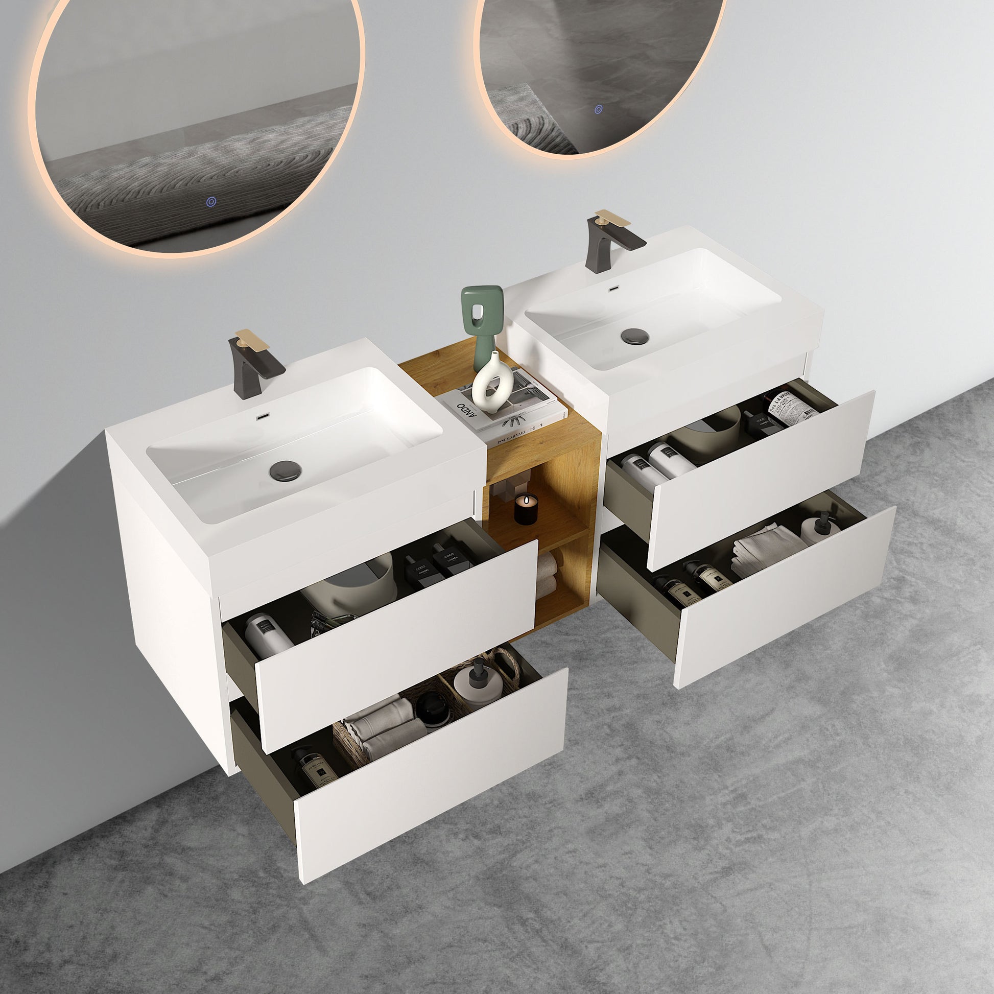 U062 Alice60W 201 Alice 60" White Bathroom Vanity With Double Sinks And Open Shelf, Modern Wall Mounted Floating Bathroom Vanity, One Piece Sink Basin Without Drain And Faucet White Bathroom Modern Mdf Mdf