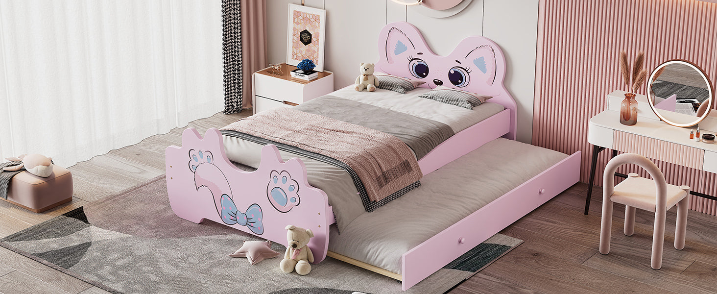 Cartoon Twin Size Platform Bed With Trundle, Pink Twin Pink Blue Mdf Lvl