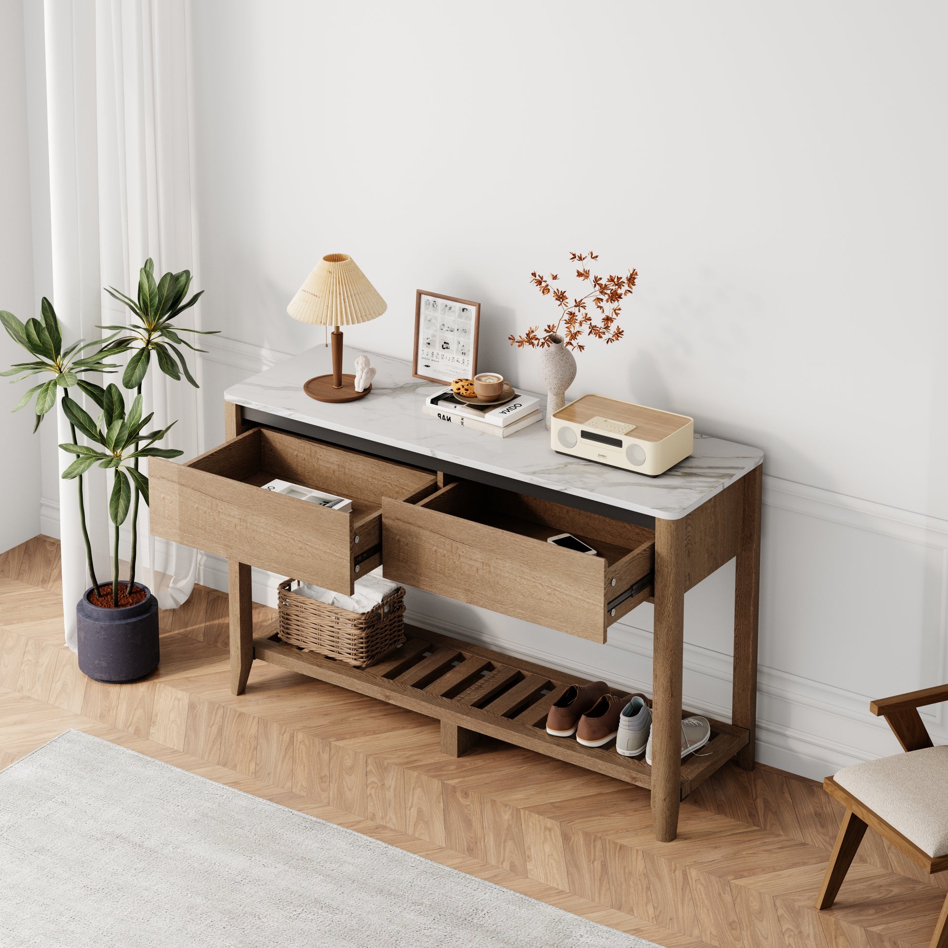 47 Inch Modern Farmhouse Double Drawers Console Table For Living Room Or Entryway, Wood And White Marble Texture Natural Wood Wash Particle Board