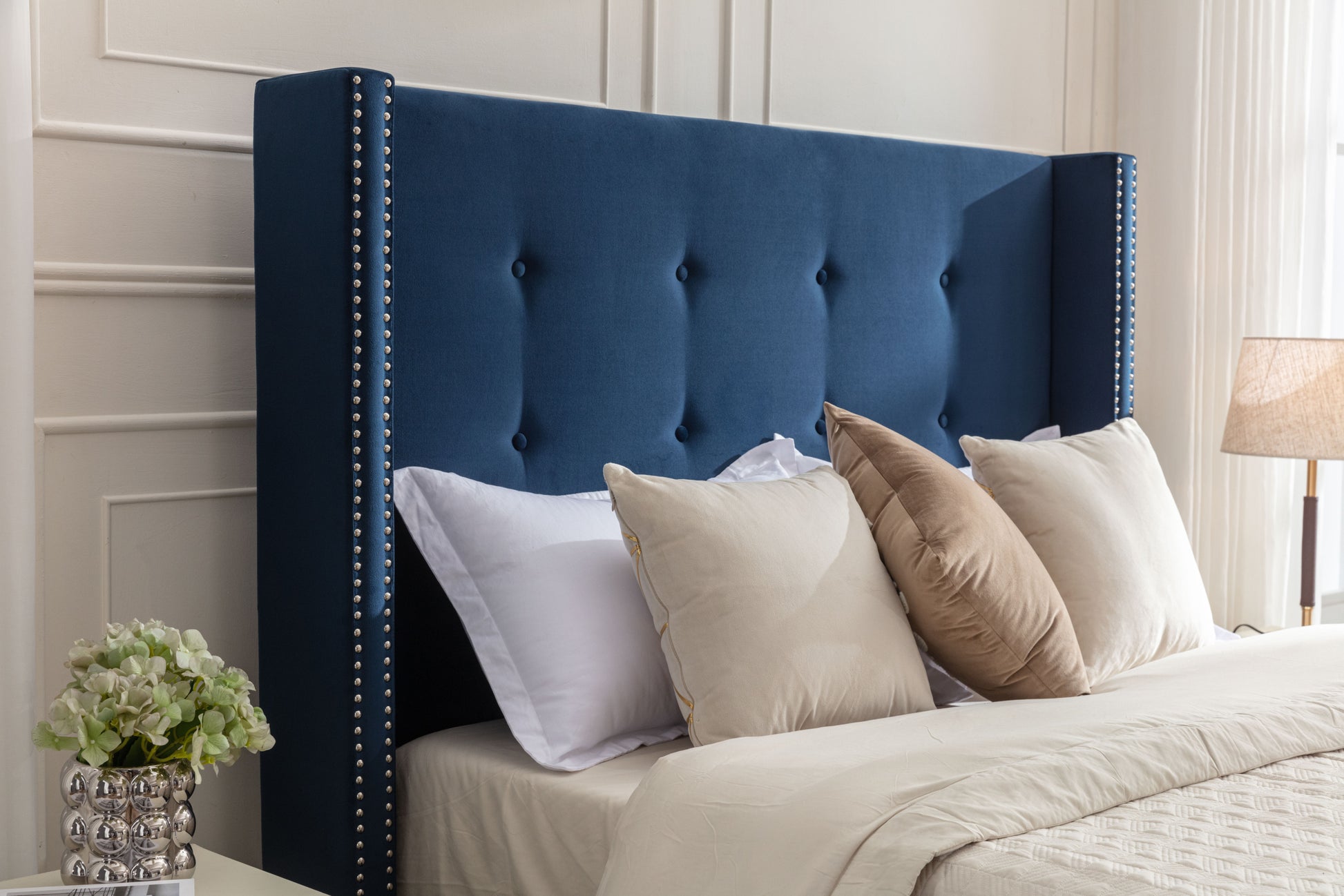 Peyton Upholstered King Bed 54" High Headboard Traditional Hand Buttoned Tufting Trim Wingback No Box Spring Needed Easy Assembly Blue Velvet Box Spring Not Required King Blue Brown Metal Bedroom Classic,European,Modern,Traditional Oak Bed Frame Foam