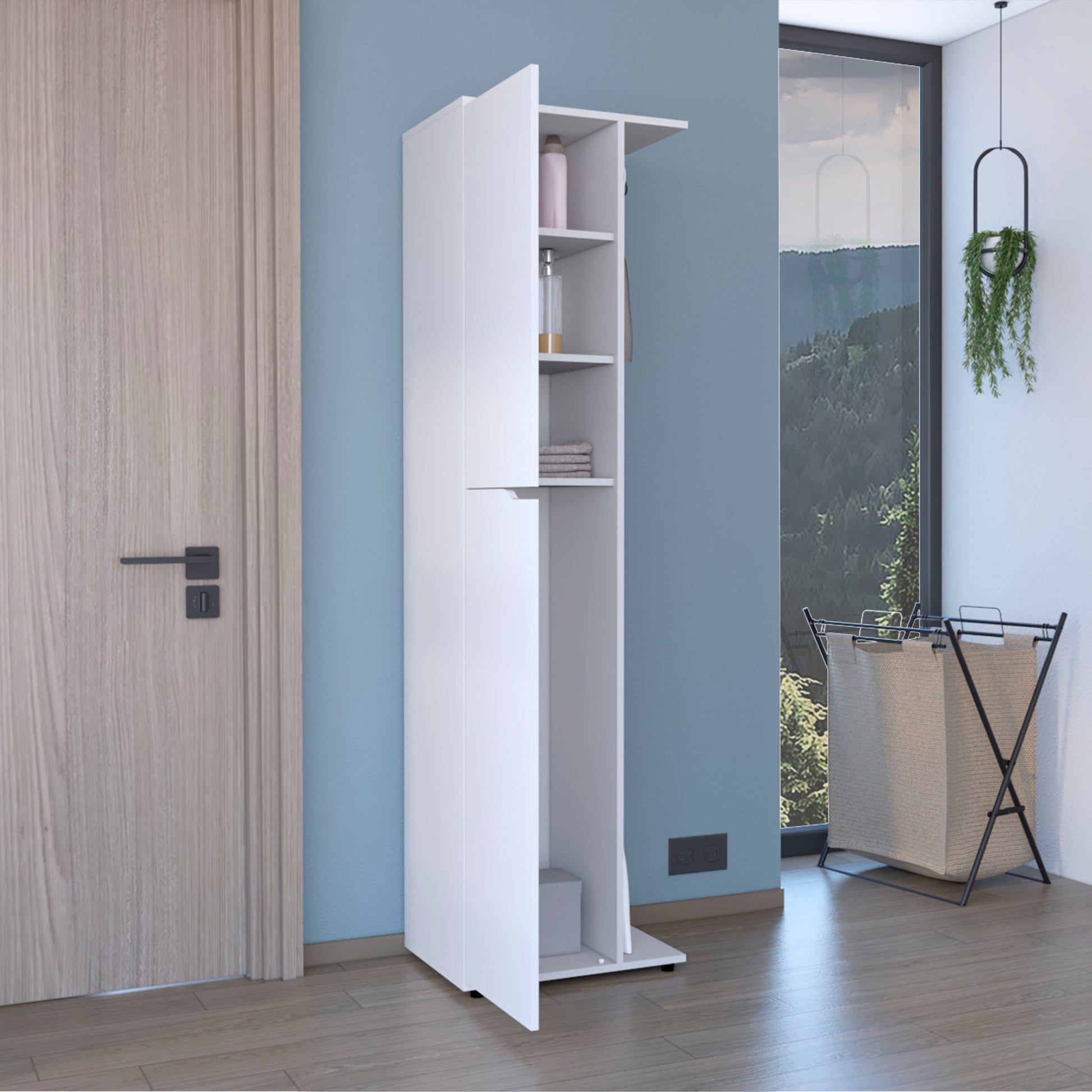 71.3" H Broom Storage Closet With One Door, Four Shelves And Broom And Mop Holder,White White Particle Board Particle Board